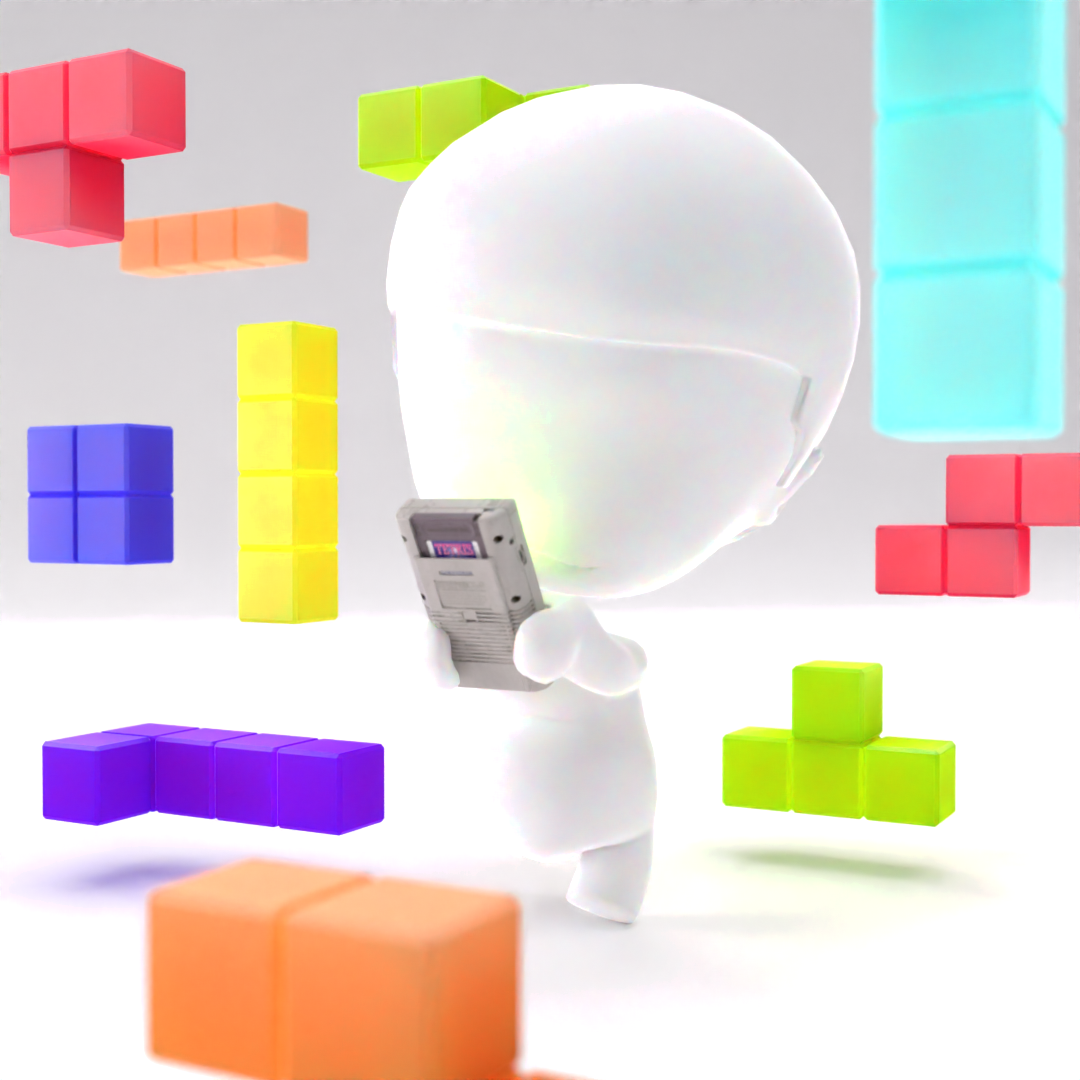 A white 3D cartoon character holding a device, surrounded by colorful Tetris blocks in pink, orange, yellow, green, blue, and purple, against a light gray background.