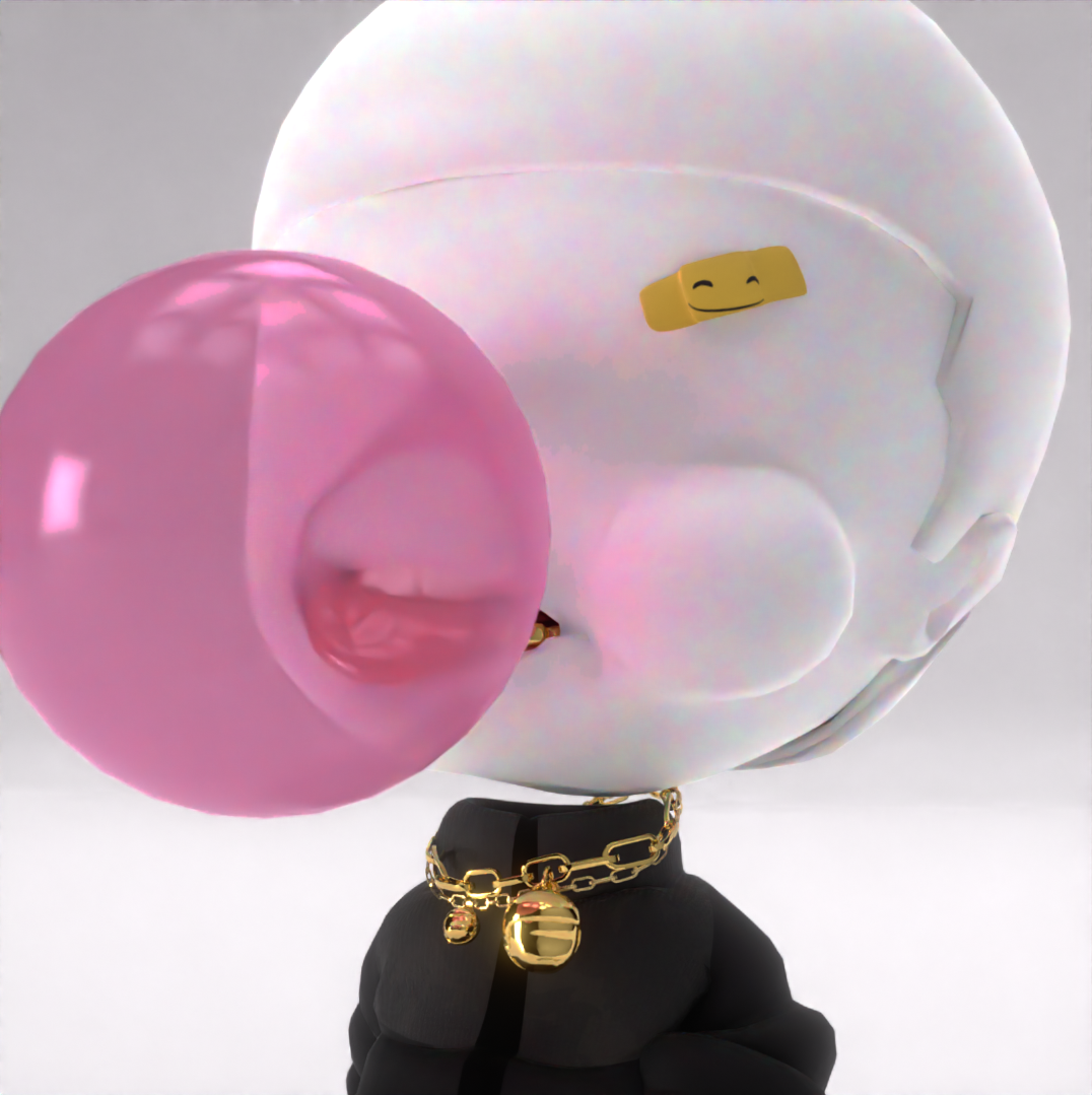 A stylized cartoon-like figure with an oversized white head, wearing a smiley face bandage, a black outfit, and a gold chain around its neck, blowing a bubble with pink bubble gum.