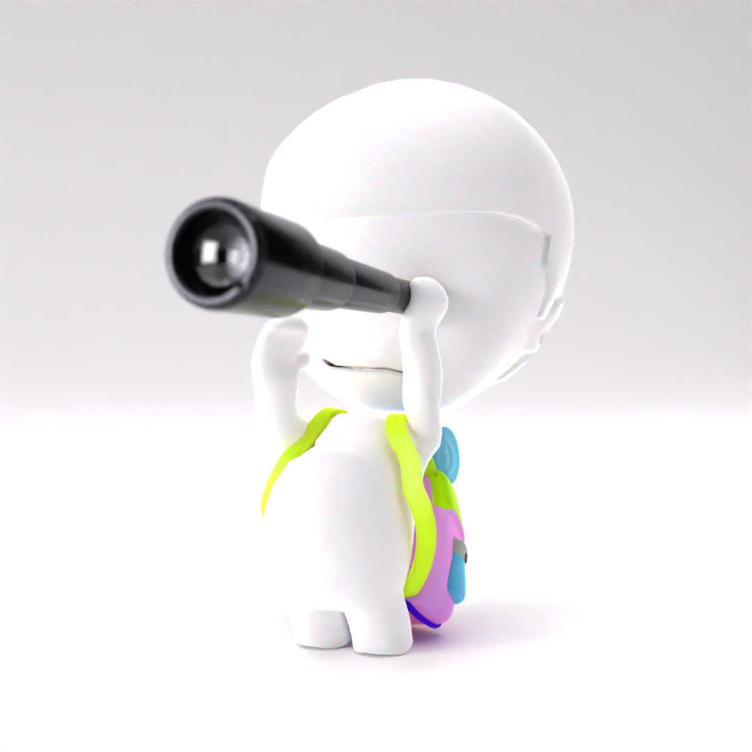 A white cartoon child figure wearing a backpack, looking through a black telescope. The background is plain white.