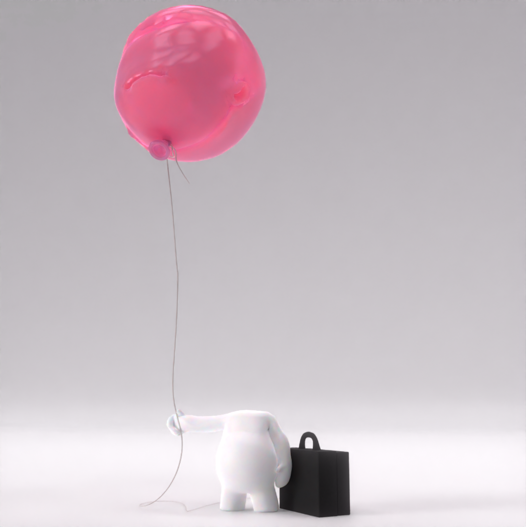 White elephant figurine holding a pink balloon and standing next to a black shopping bag over a plain white background.