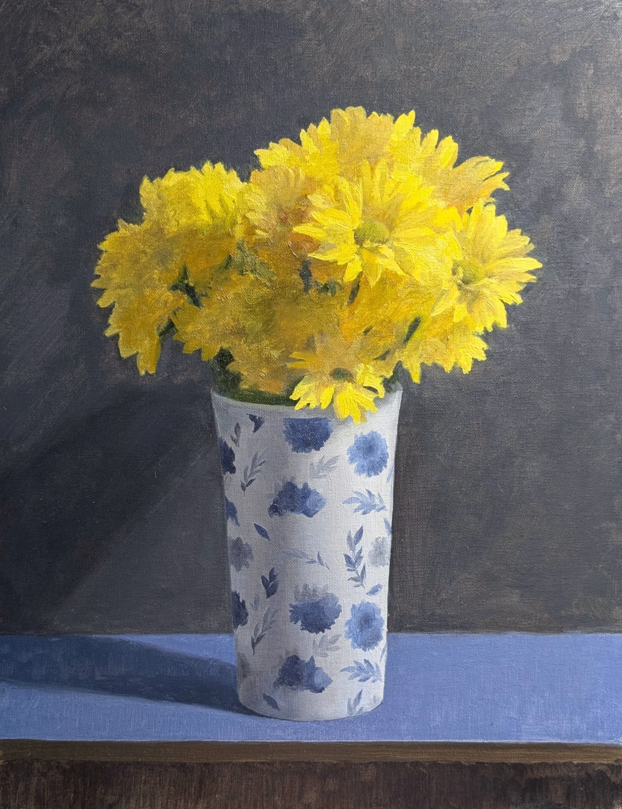 Yellow Mums in Blue-printed Vase, 
Oil on Linen Panel,
11'' x 14''
2026. Available