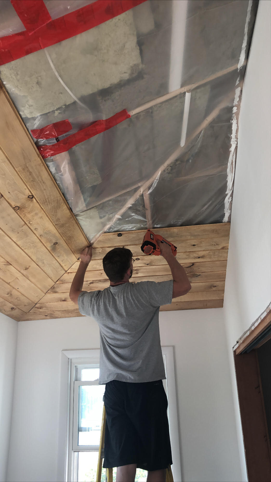 Stain And Install A Wood Plank Ceiling