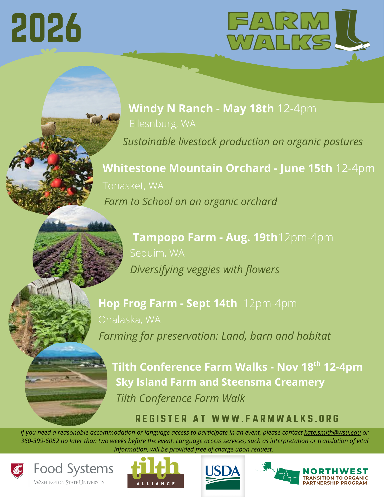 2026 Farm Walks: Windy N Ranch May 18th, Whitestone Mountain Orchard June 15th, Tampopo Farm August 19th, Hop Frog Farm Sept 14th