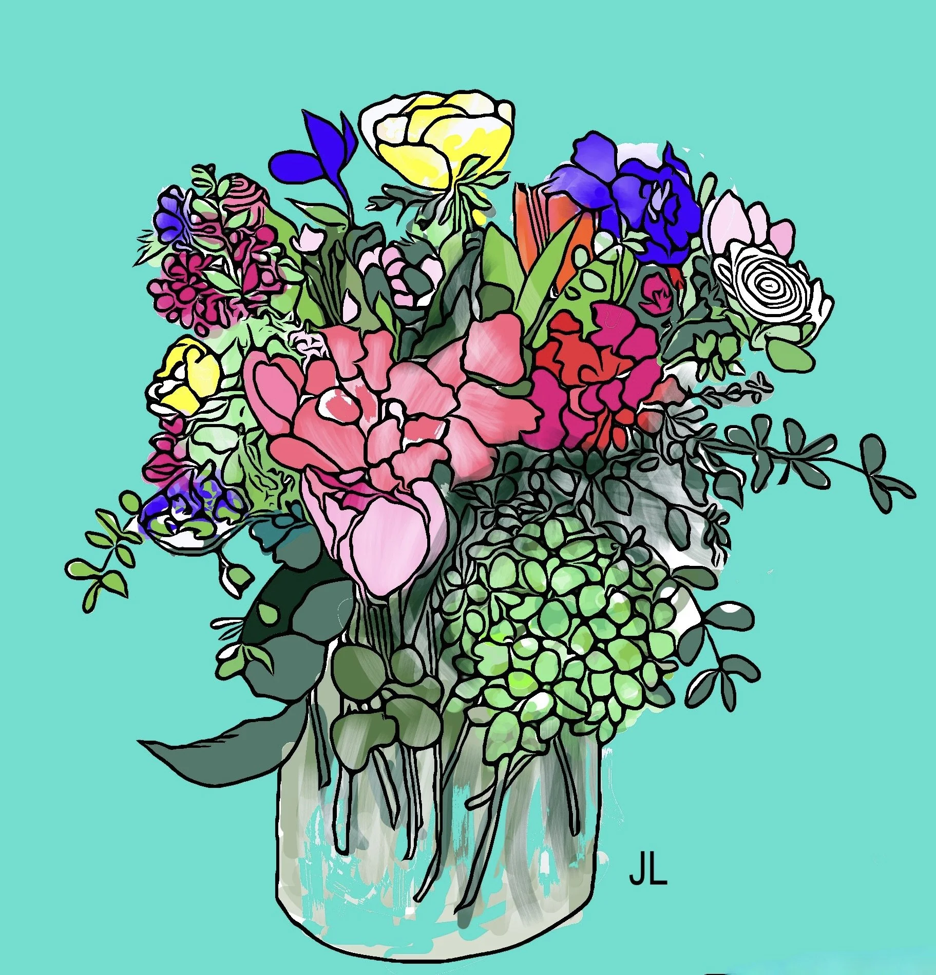 "Assorted Flowers on Aqua," 2024 (Digital art: original drawing digitized with color added, any size). 