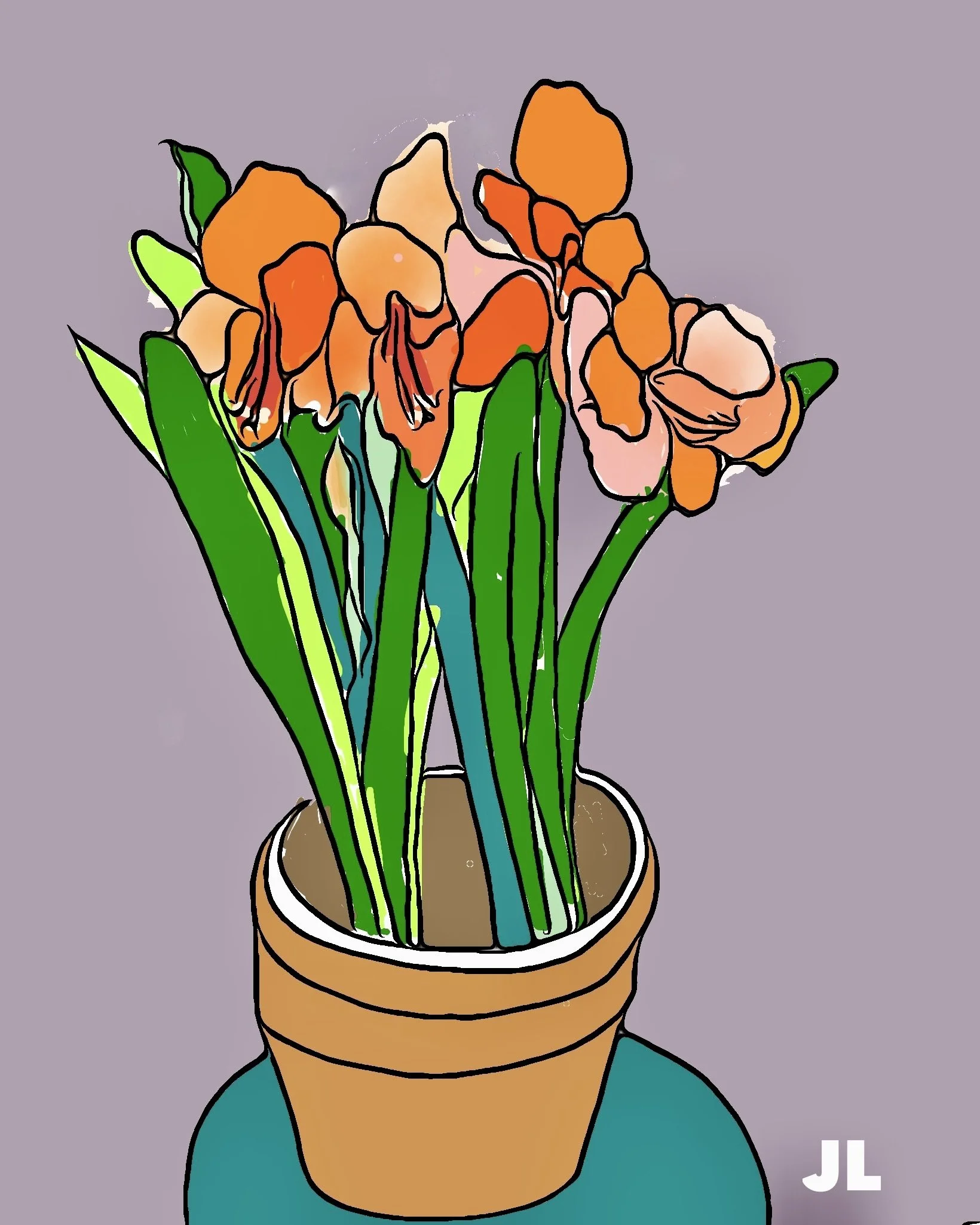 "Amaryllis in Bloom, Peach" 2024 (Digital art: version of Ink drawing, digitized with color added, any size).