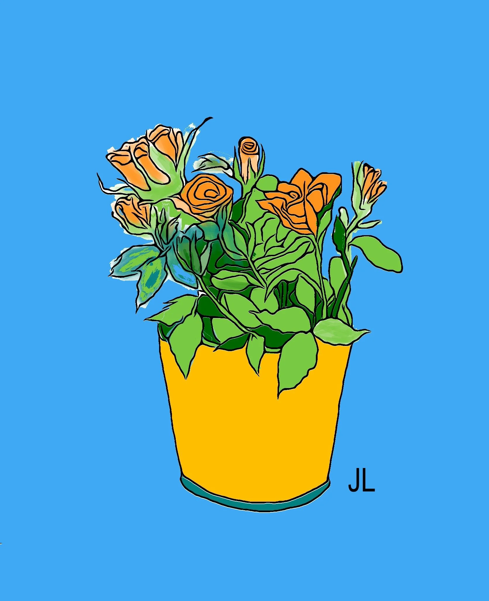 "Little Roses, Yellow Pot" 2022 (Digital art: color added to original drawing, any size).