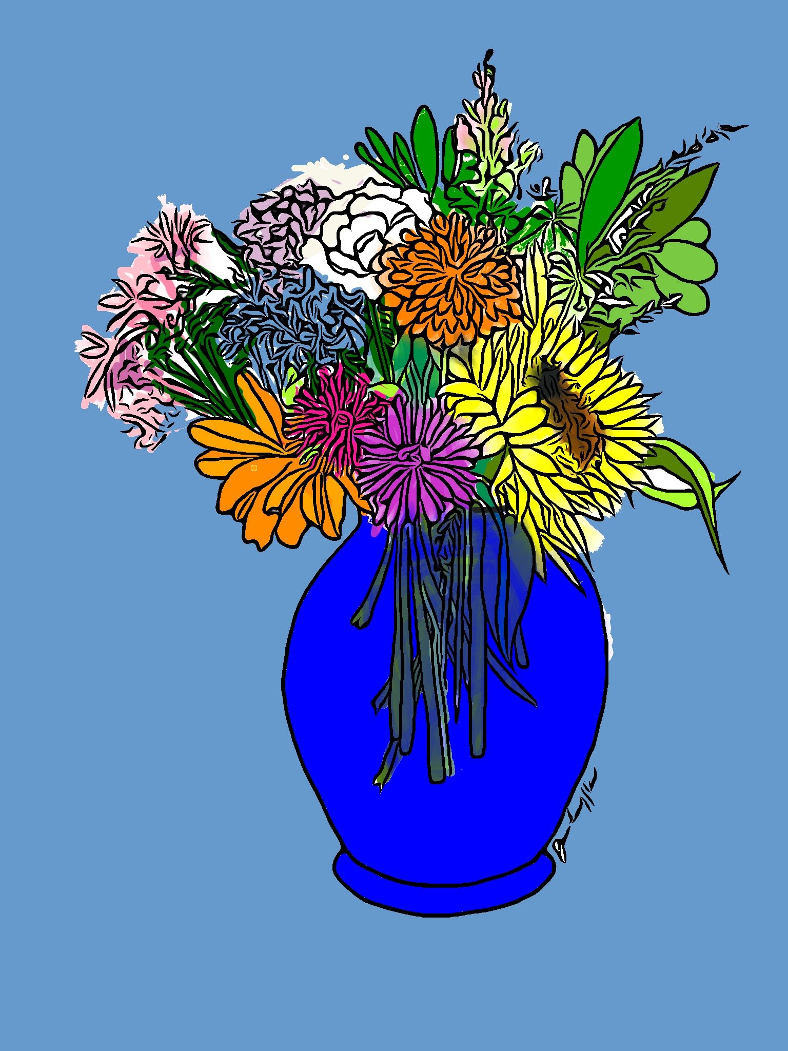 "Another Sunflower Bouquet, on Blue" 2020 (Digital art: line drawing digitized with color added, any size)