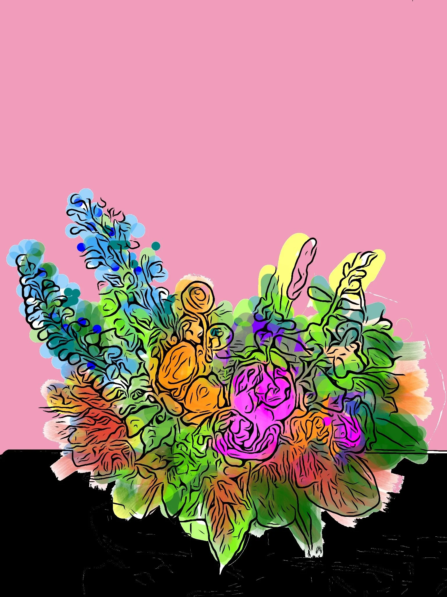 "Amy's Flowers, on Pink," 2024 (Digital art: drawing edited with color added).