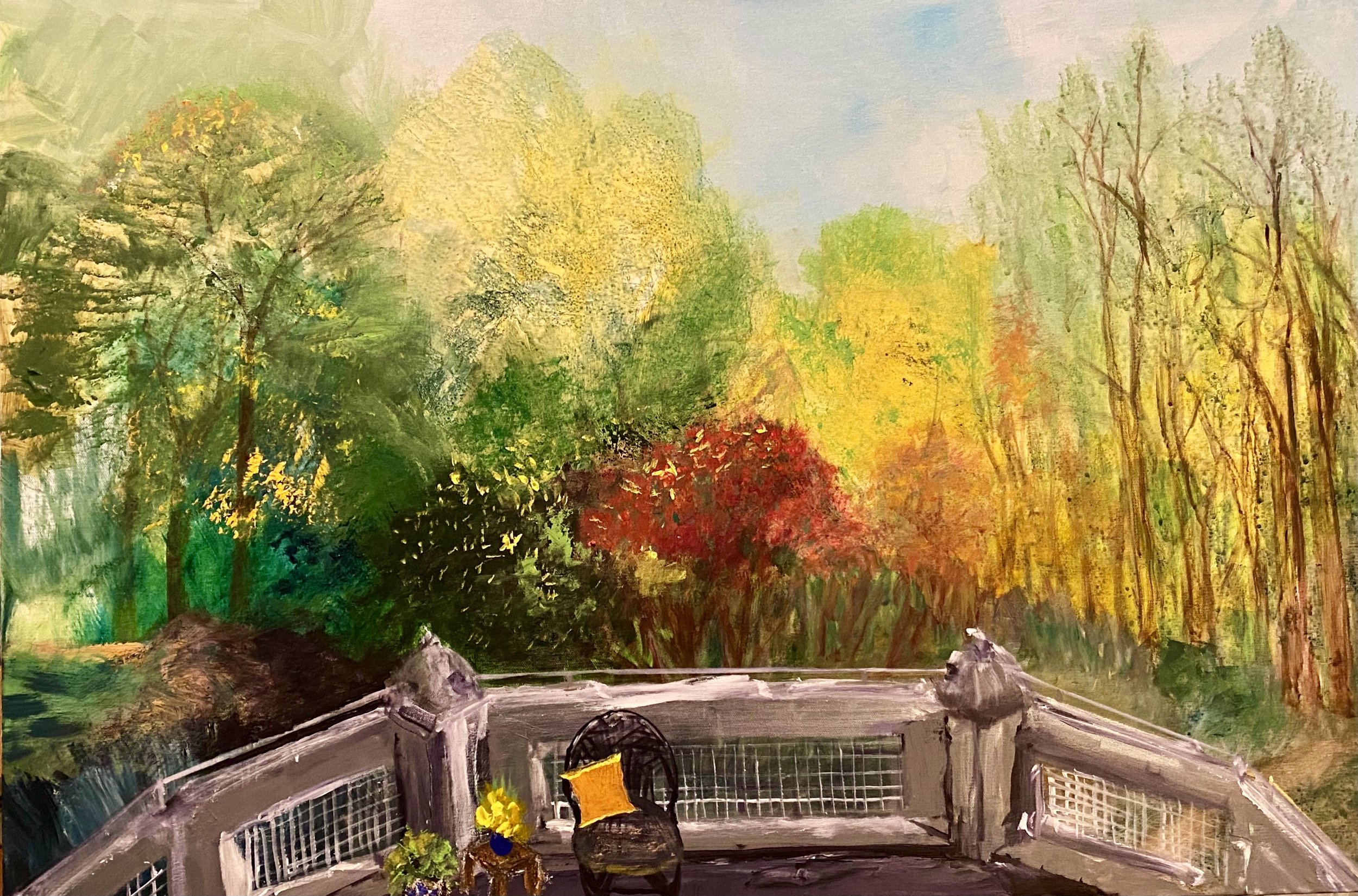 "Balcony View, Dogwood in Fall," 2020 (Acrylic, 36"x24") [In private collection]
