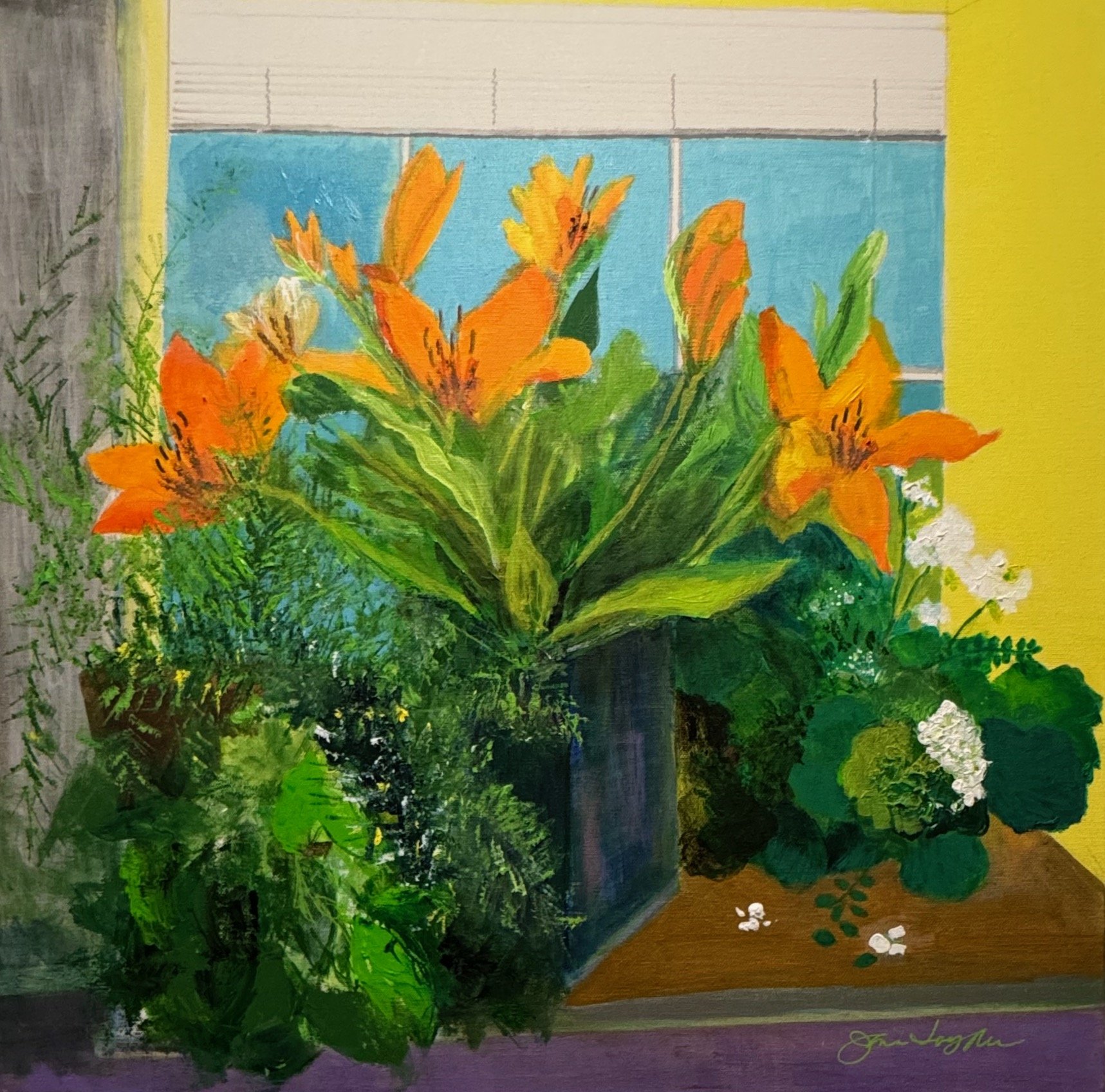 "Orange Daylilies, White Geraniums," 2020 (Acrylic, 24"x24") [In private collection]