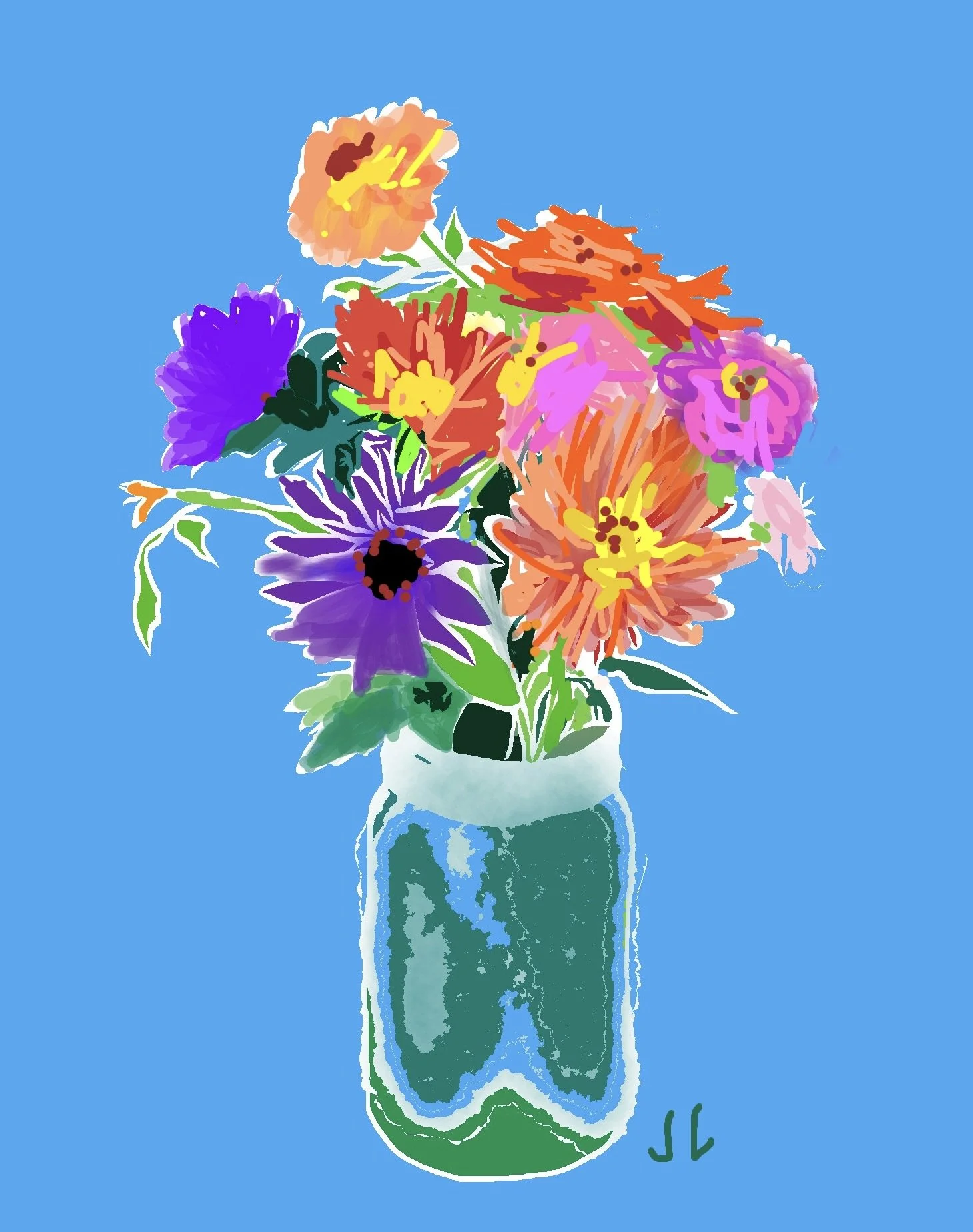 "Flowers in Ball Jar, on Blue" 2024, 2024 (Digital art: ink drawing, digitized, edited and colored). Available as print, card or poster--size optional.