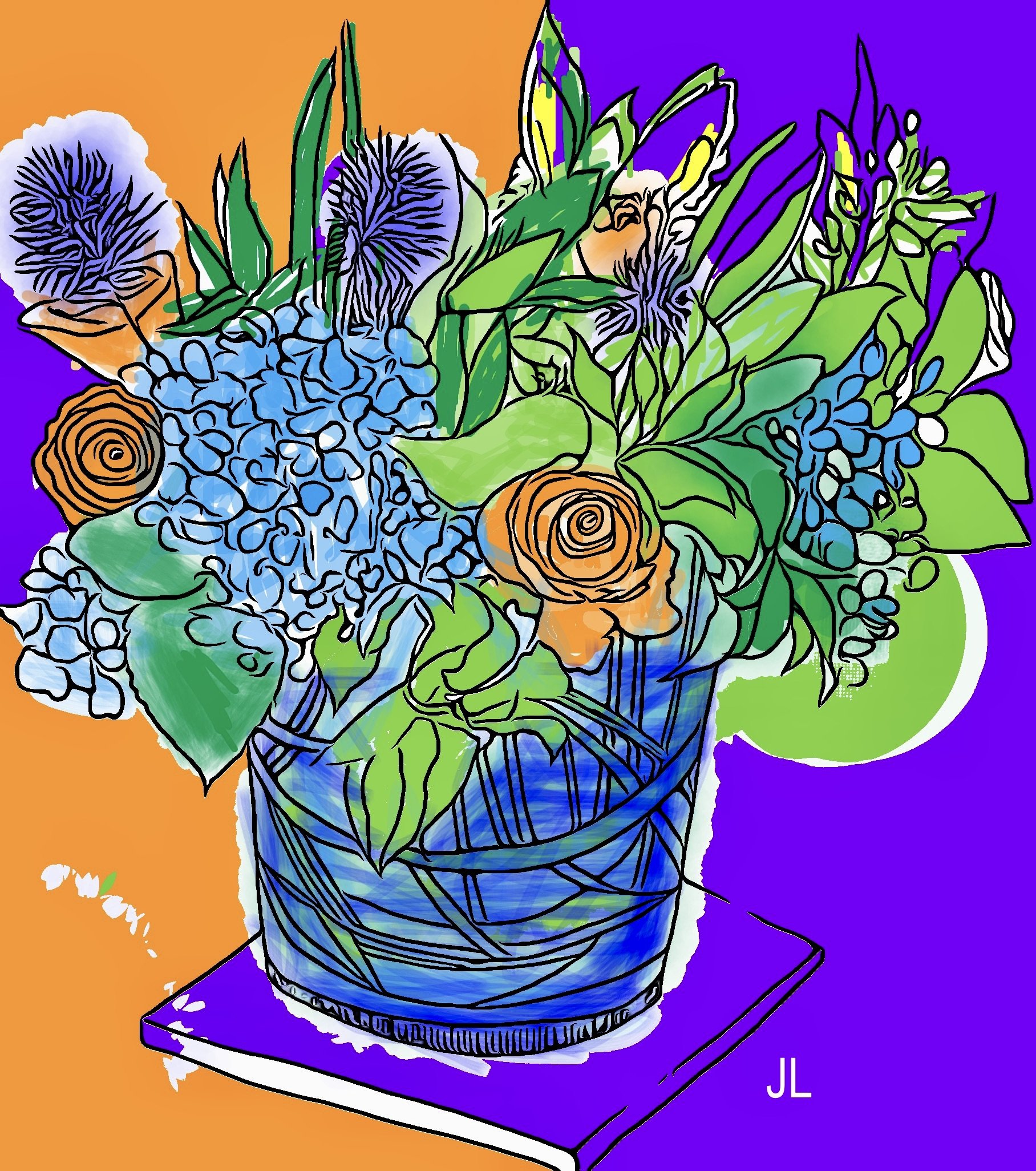"Hydrangea, Sea Holly, Roses with Wrapped Leaves," 2024 (Digital art: drawing edited to add color, any size). 