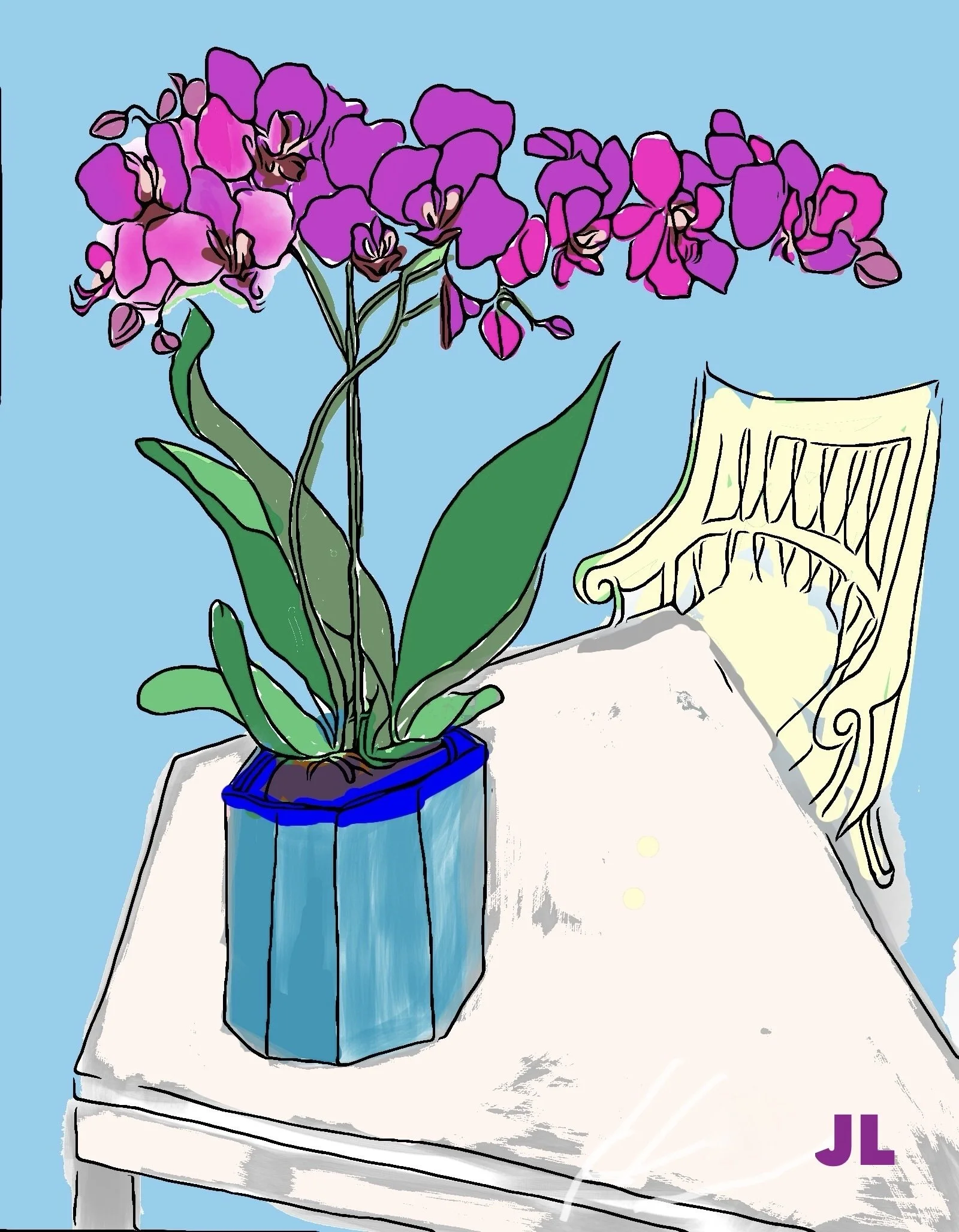 "Magenta Orchids" 2024 (Digital Art: ink drawing, digitized, color added) Available as print, card or poster--size optional.