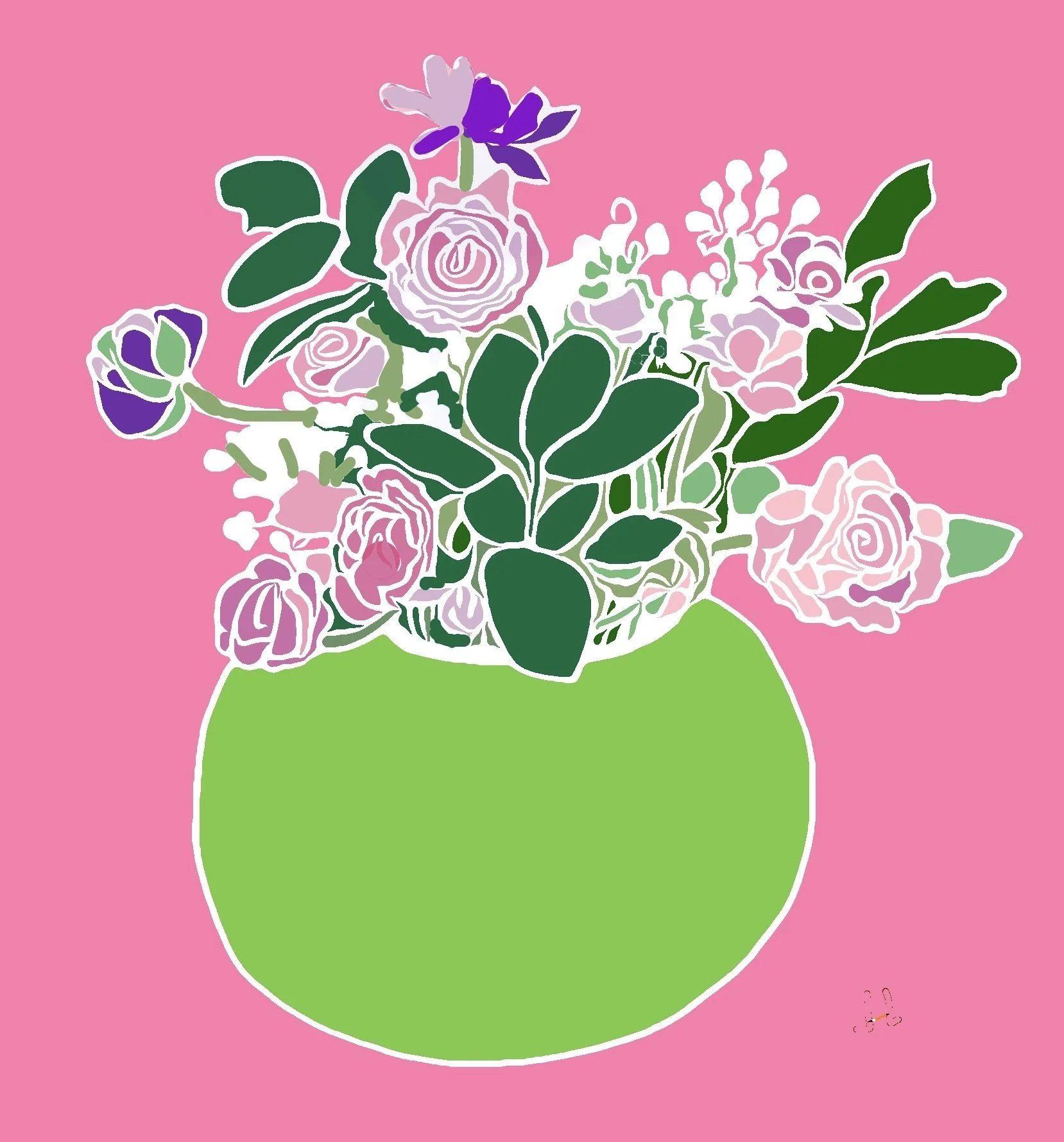 "Roses in Lime Green Vase," 2024 (Digital art: hand drawing transferred to computer for editing and color, any size).