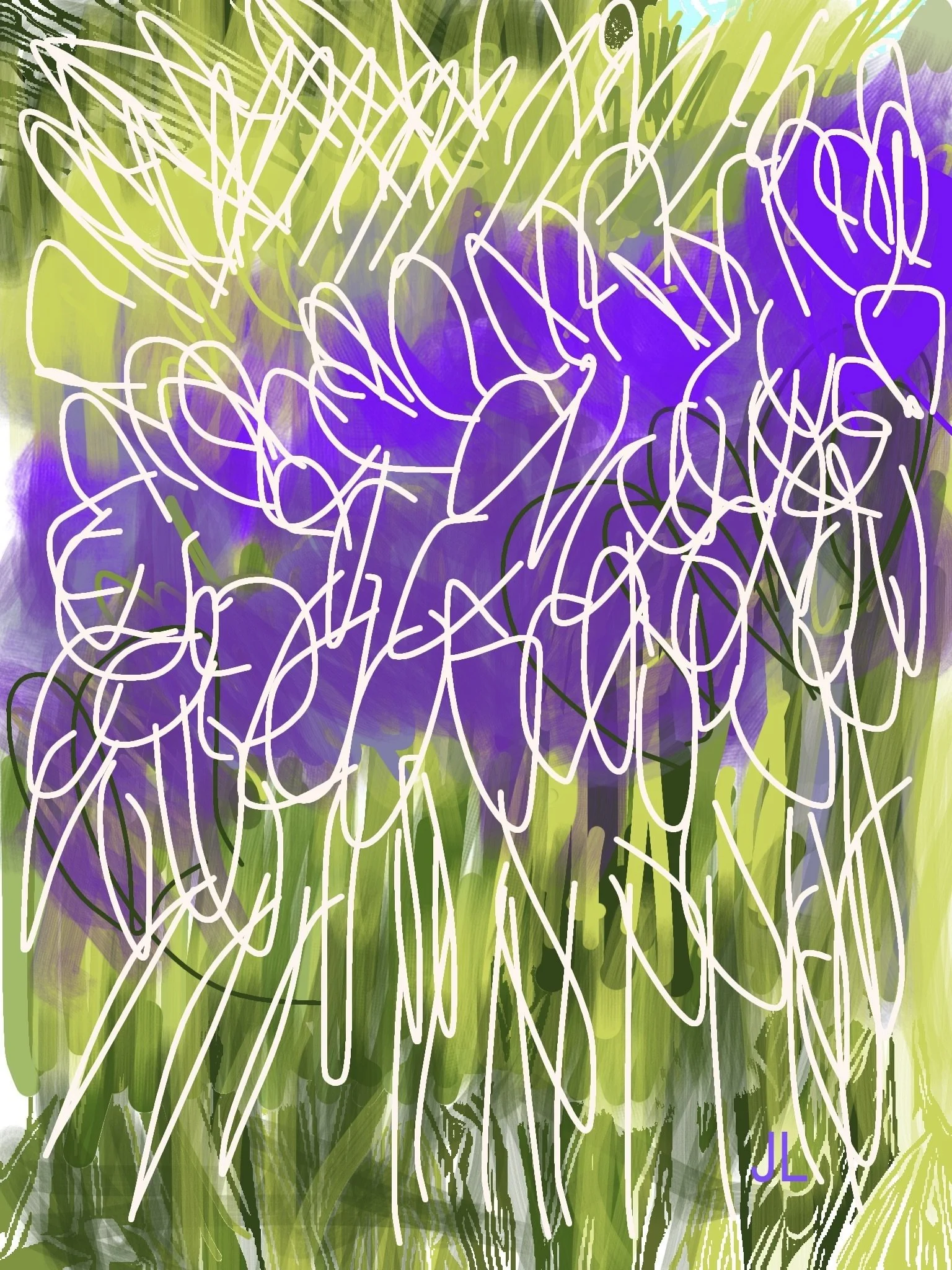 Digital drawing on original photo of irises in bloom," 2024 (any size). 