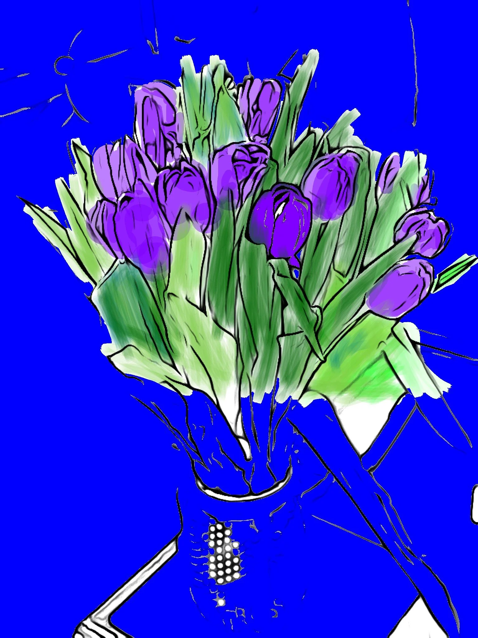 "Purple Tulips on Blue," 2024 (Digital Art: ink drawing, digitized, color added) Available as print, card or poster--size optional.