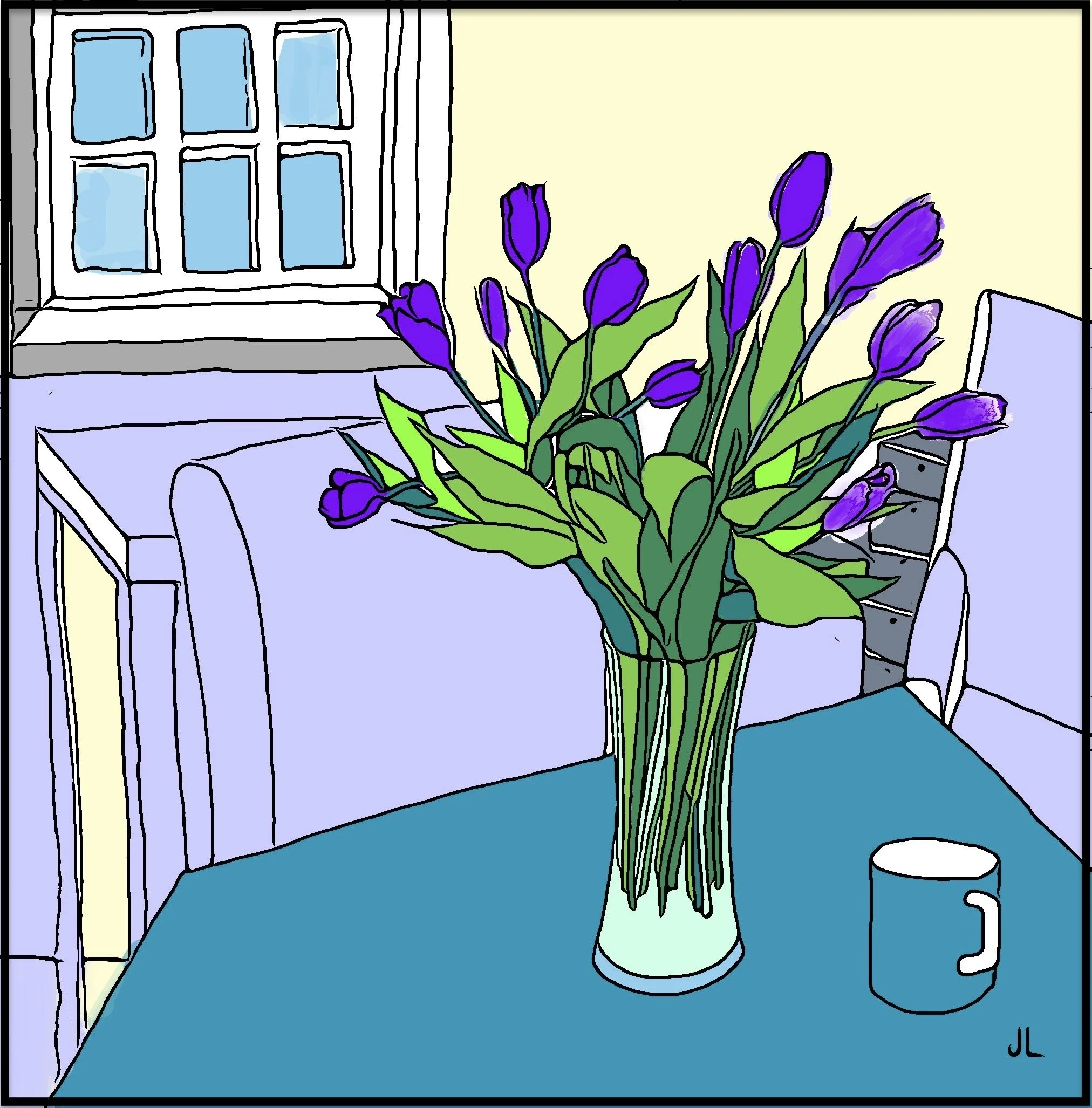 "Purple Tulips, Blue Table," 2024, based on earlier drawing of same tulips and window. (Digital art: hand drawing digitized and colored, any size).