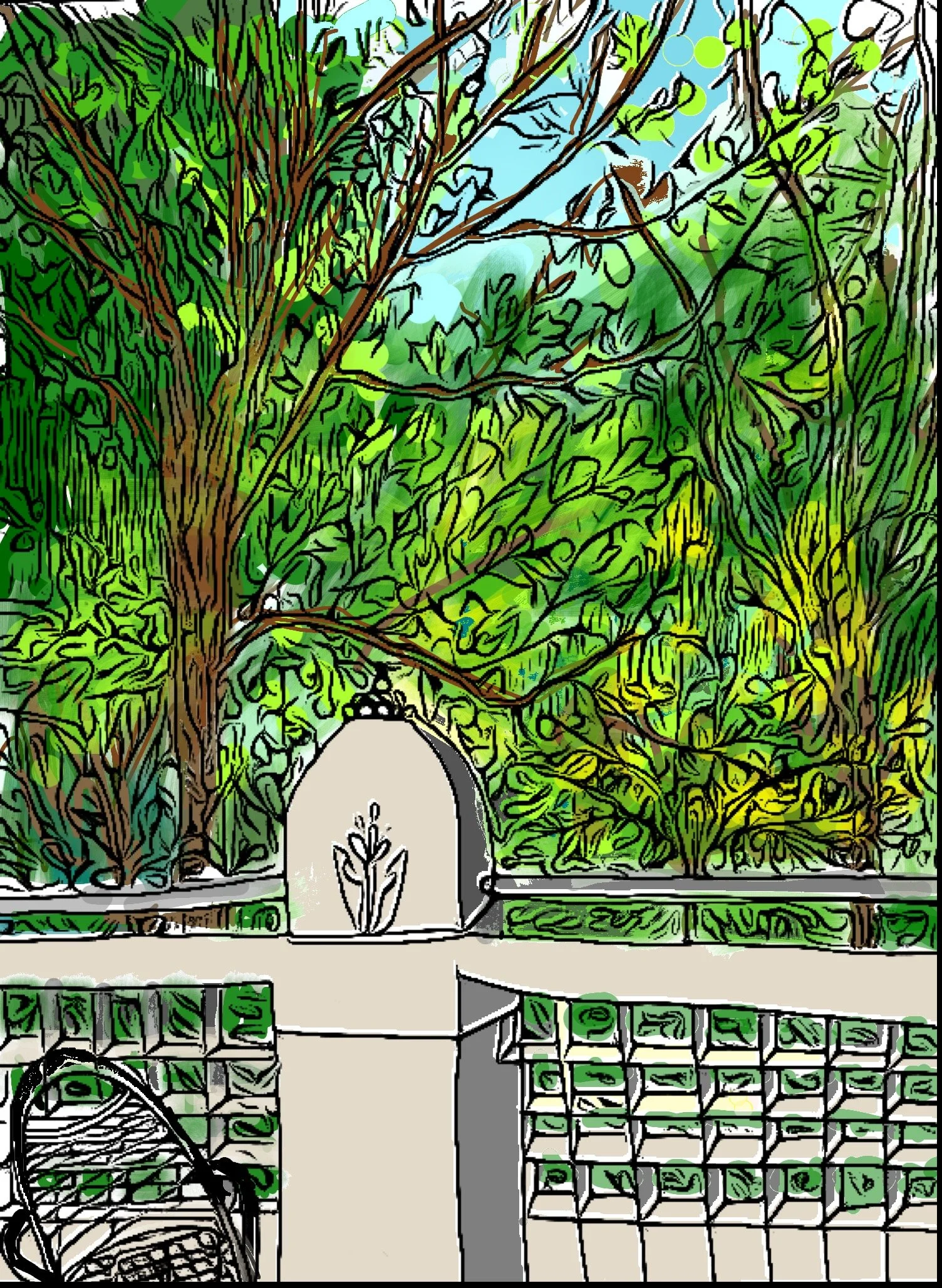 "Balcony View, Looking South, Spring" 2024 (Digitized version of original ink drawing with color added). Available as print, card or poster--size optional.
