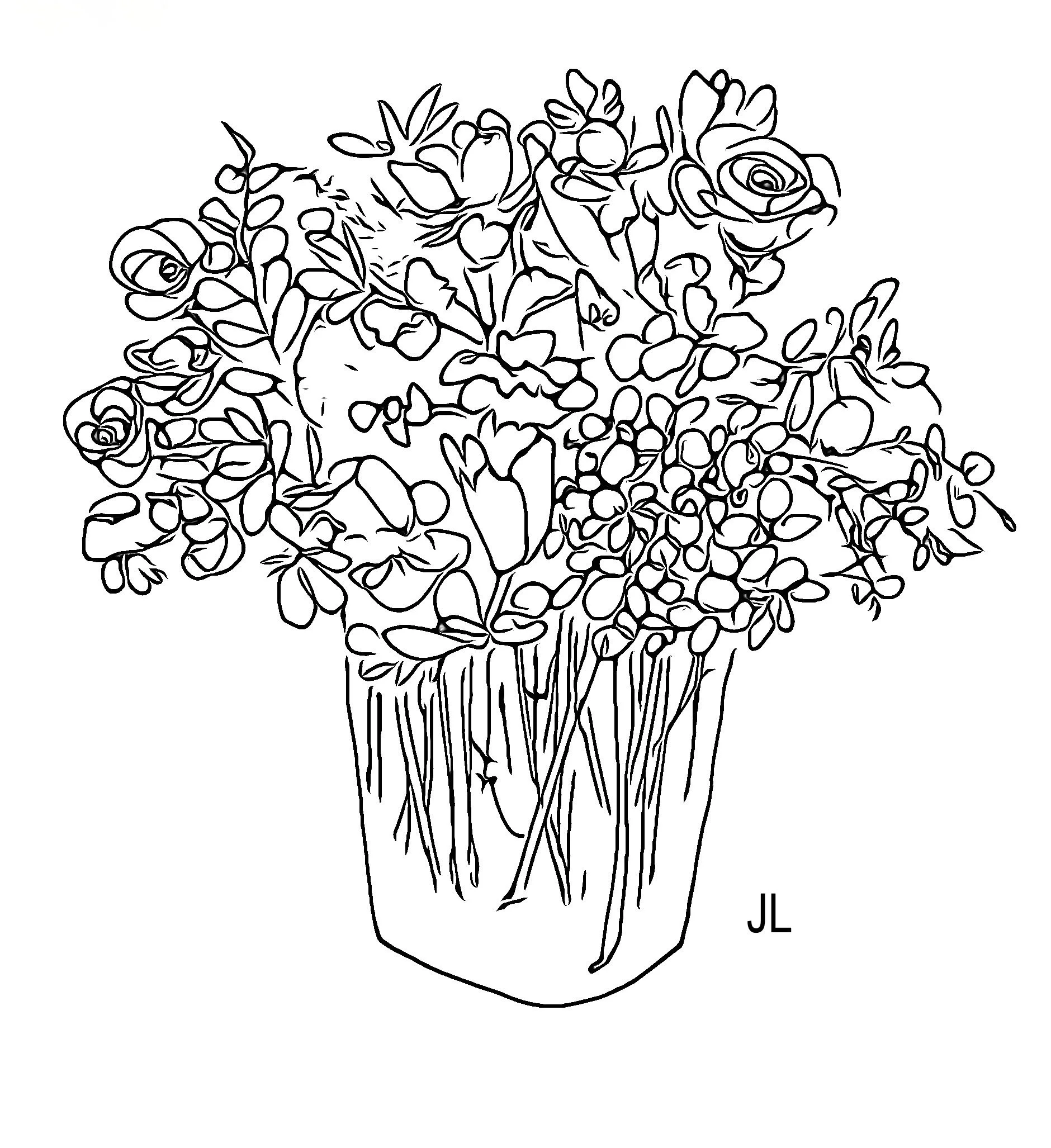 "Hydrangea Bouquet," 2020 (Ink drawing on paper).