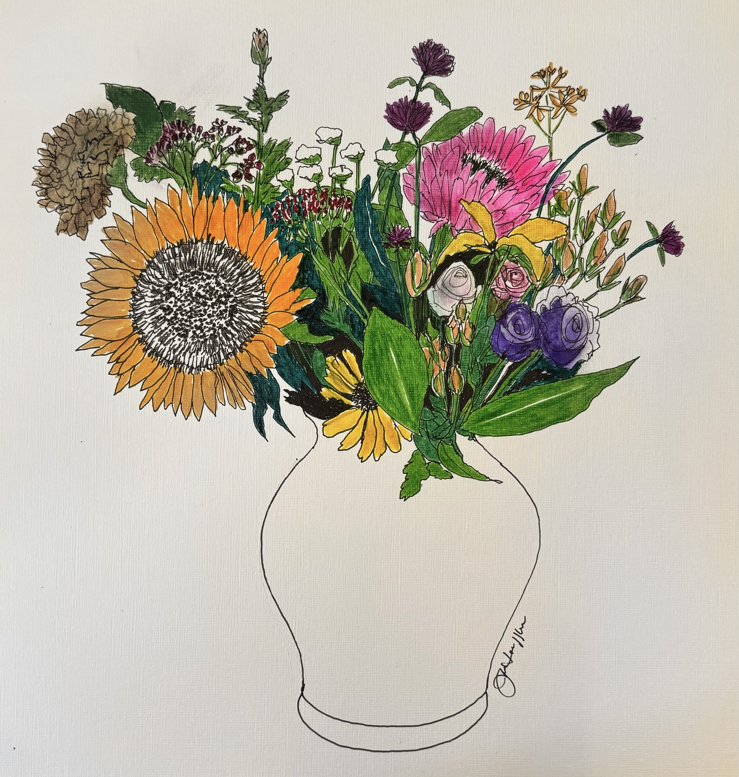 "Sunflowers, Marigolds & Roses, 2" 2021 (ink drawing, hand-colored). 