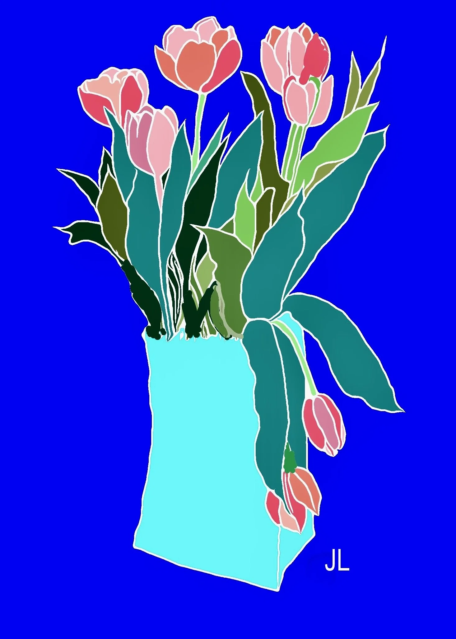 "Tulips in Paper Bag Vase on Blue," 2024 (Digital art: drawing digitized, colored and edited; any size). 