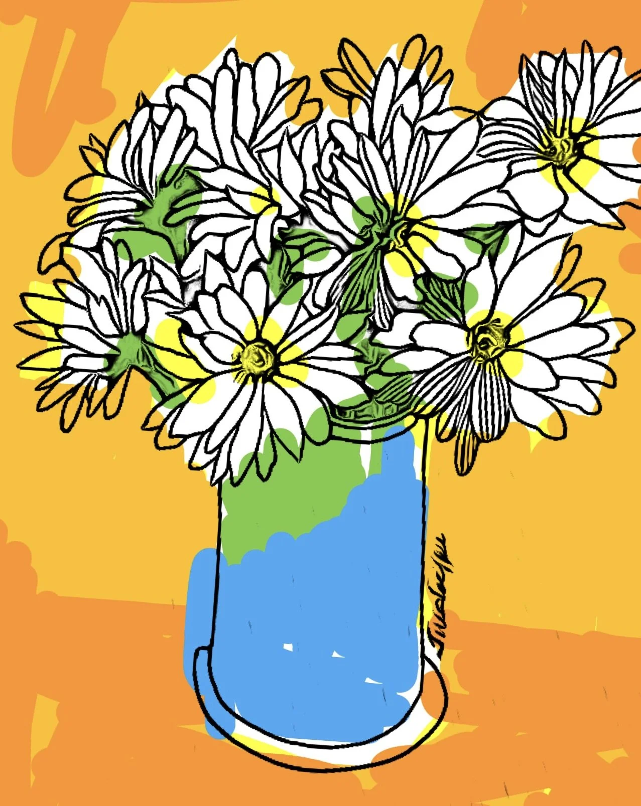 "Daisies, against Orange" 2021 (Digital art: digitized drawing with color added, any size). 
