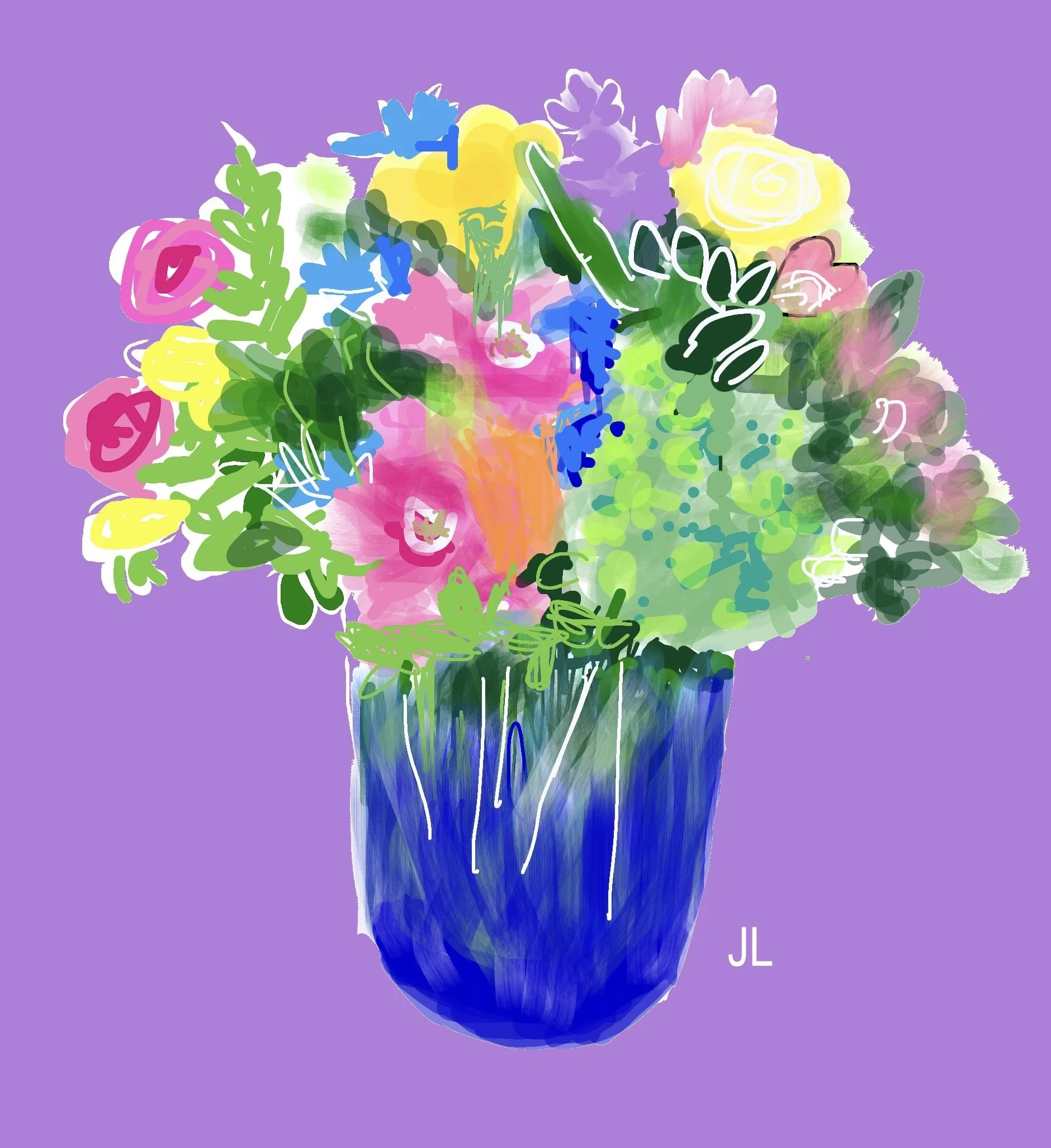 "Hydrangea Bouquet," 2024 (Digital art: drawing edited with color added and lines removed, any size).