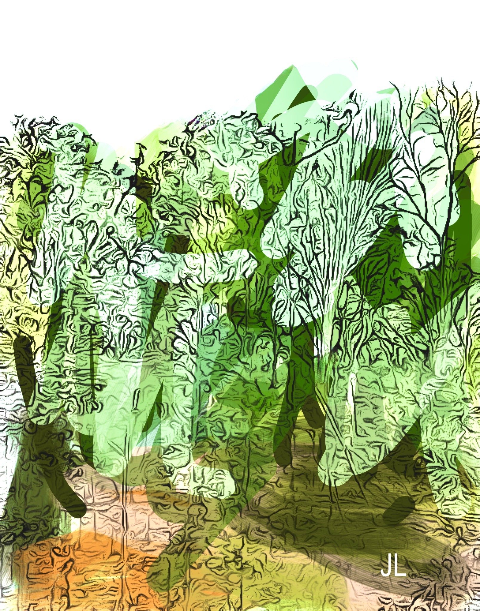 "Green Woods" 2024 (Digital Art: photograph digitized, color added) Available as print, card or poster--size optional.