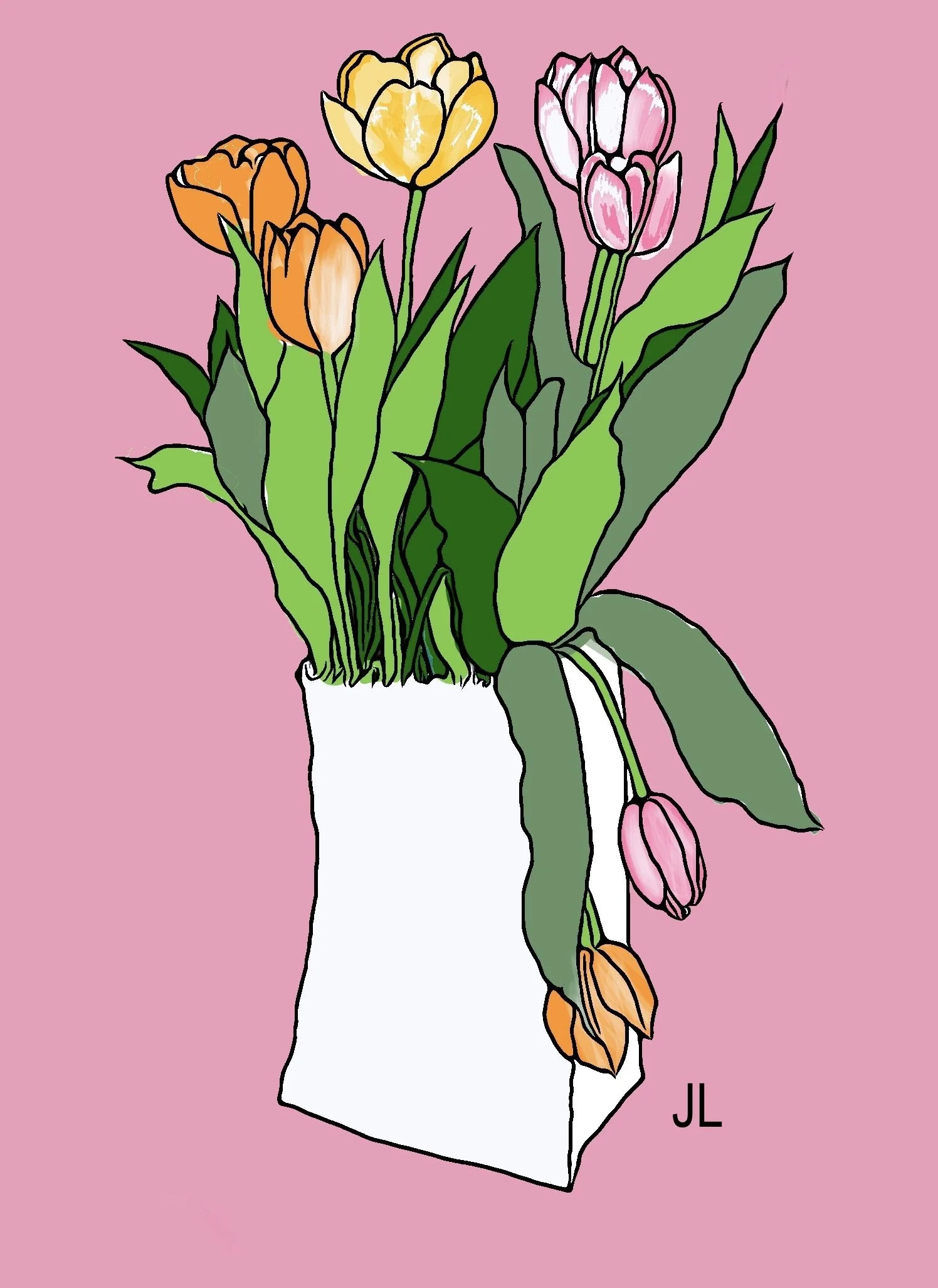 "Tulips in Paper Bag Vase on Pink," 2024 (Digital art: drawing digitized, colored and edited; any size). 