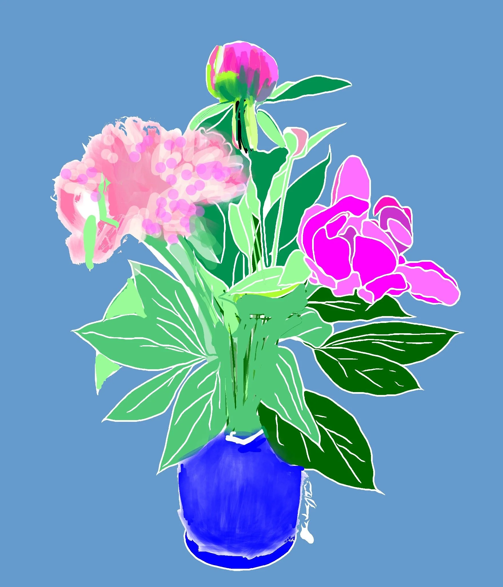 "Peony Bouquet," 2024 (Digital art: drawing edited with color added and lines removed, any size).