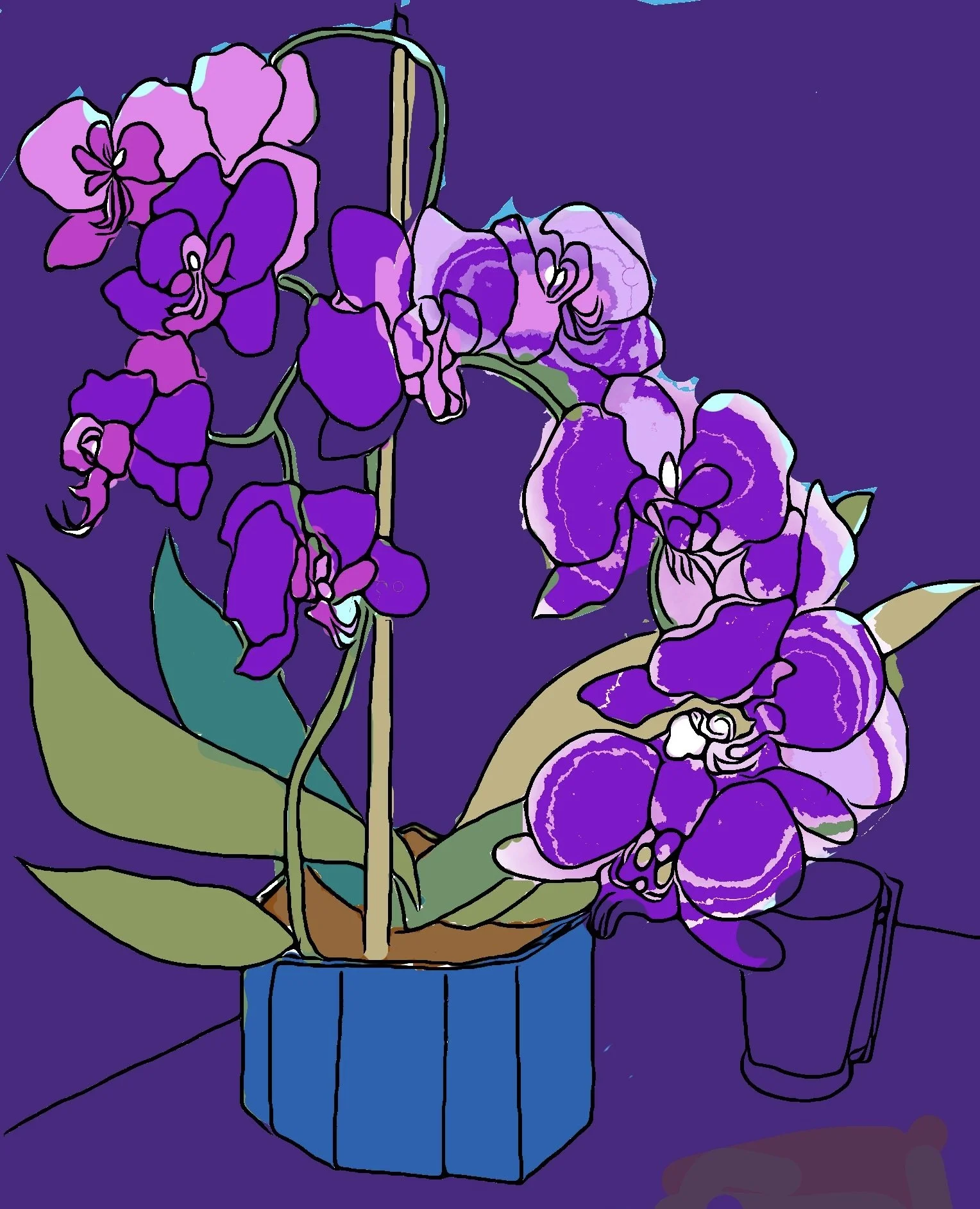 "Violet Orchids" 2024 (Digital Art: ink drawing, digitized, color added) Available as print, card or poster--size optional.