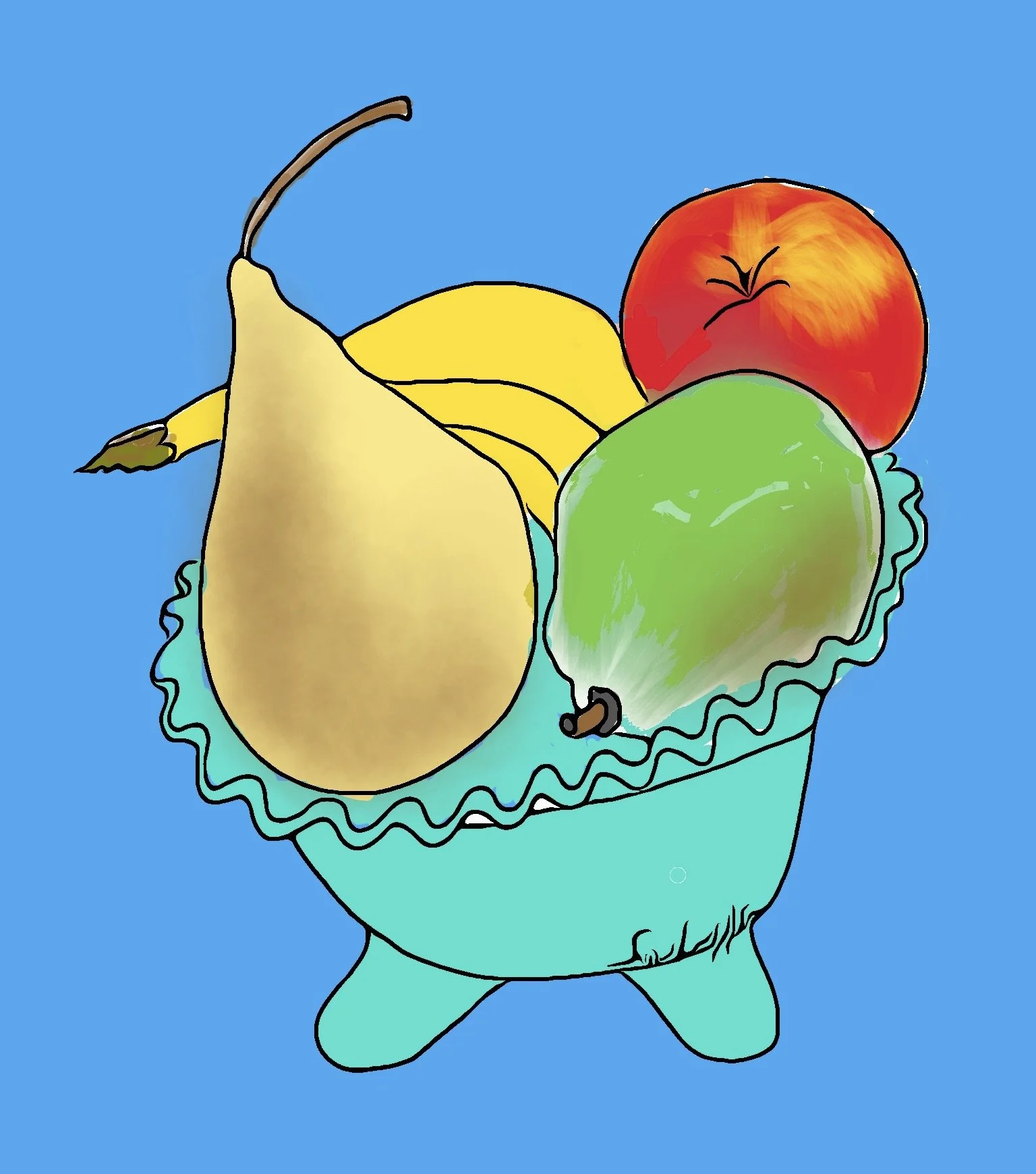 "Fruit in Green Glass Bowl," 2024 (Digital art: hand drawing digitized with color added, any size). 