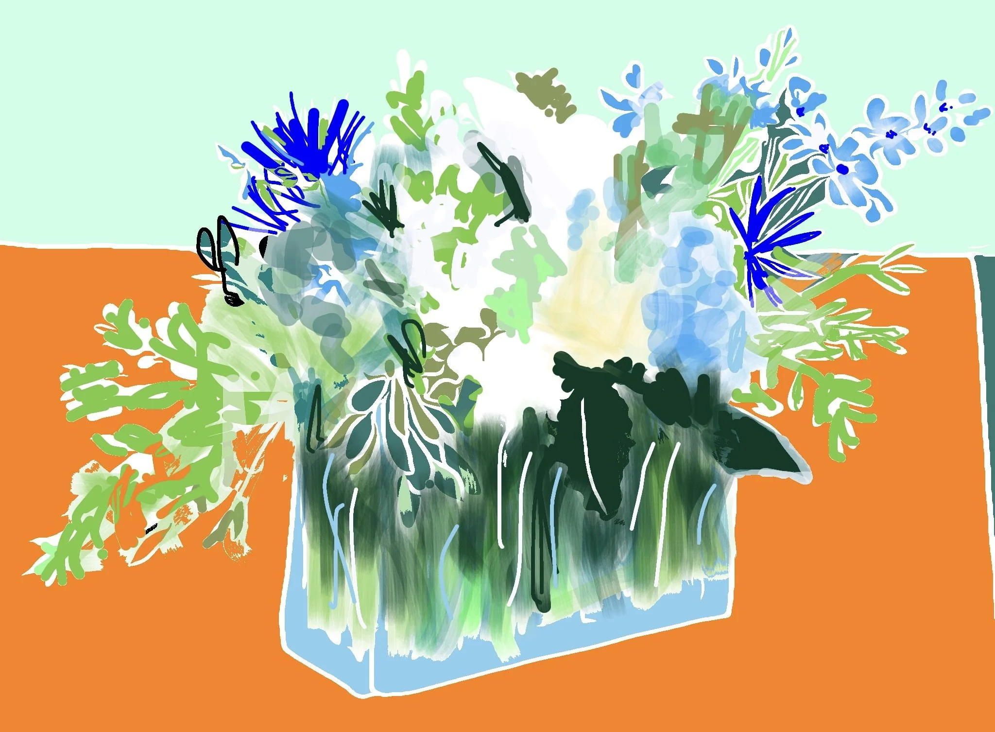 "Blue Bouquet on Orange" 2024 (Digital art: color added, drawing edited, any size).