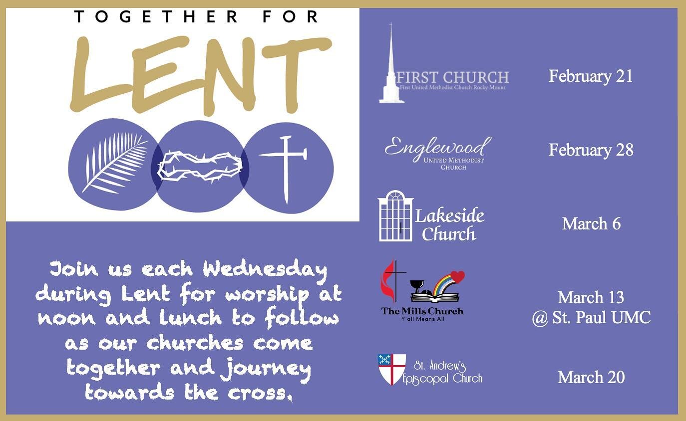 Join us tomorrow for our Lenten lunch service at noon at Saint Paul UMC. We will be hosting the lunch there.  If you are able to help with set up or clean up please let Pastor Laura or Robin Latham know.  We can&rsquo;t wait to see everyone!
