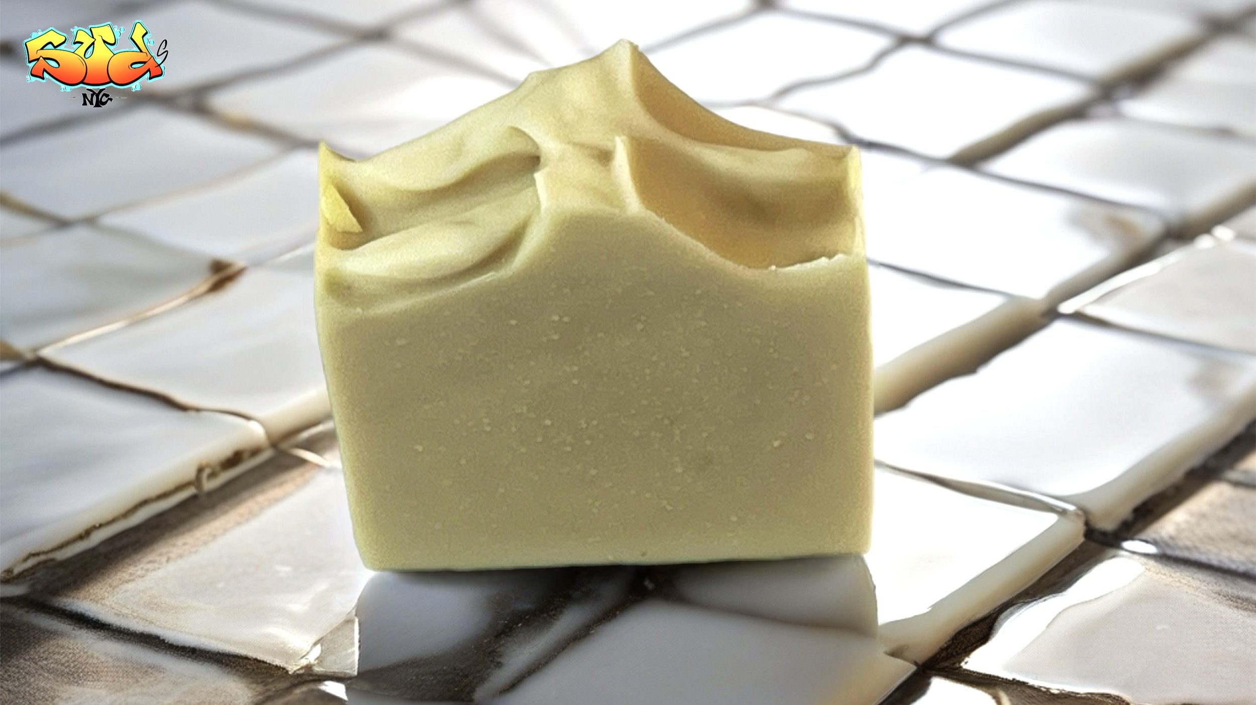 Golden Equinox handmade cold-process soap infused with carrot powder, featuring a soft golden-yellow color and sculpted wave-textured top.