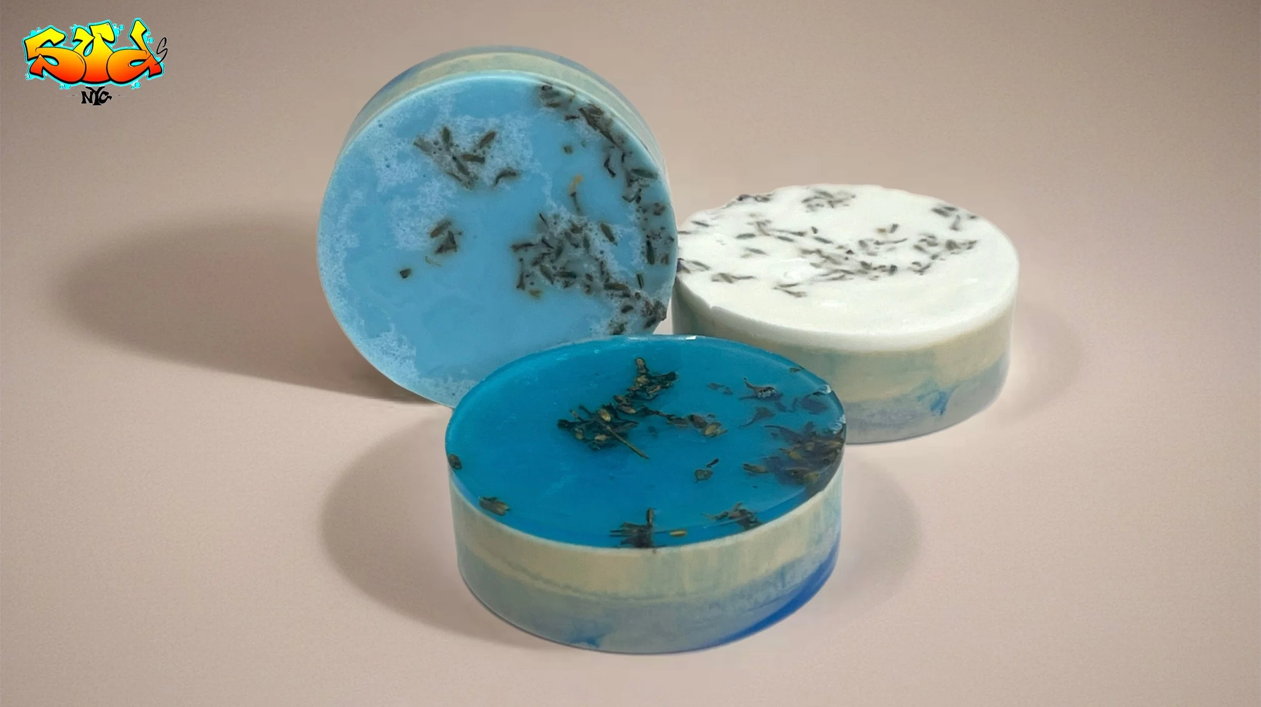 Fresh Veil handmade melt and pour soap with lavender buds, soft white and blue tones, gentle skin cleansing bar