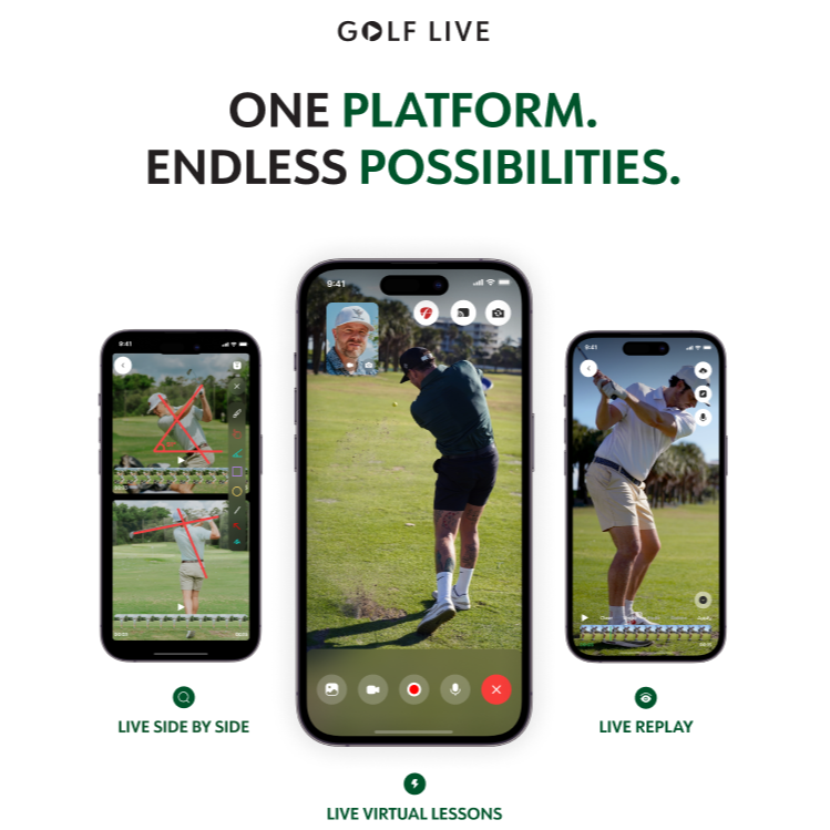 An advertisement for a virtual golf instruction app showing four smartphone screens, each highlighting features like live sessions, replay videos, coach profiles, and lesson management with golf-related images and app interface elements.