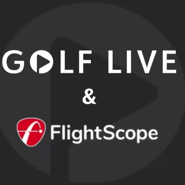 Logo for Golf Live and FlightScope, featuring a golf club silhouette and a red and white FlightScope emblem.
