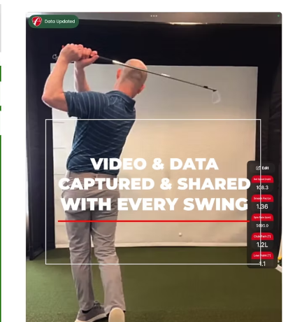 A man in a blue shirt and gray pants mid-swing at a golf simulator, with overlay text about video and data sharing and various statistics on the right side of the screen.