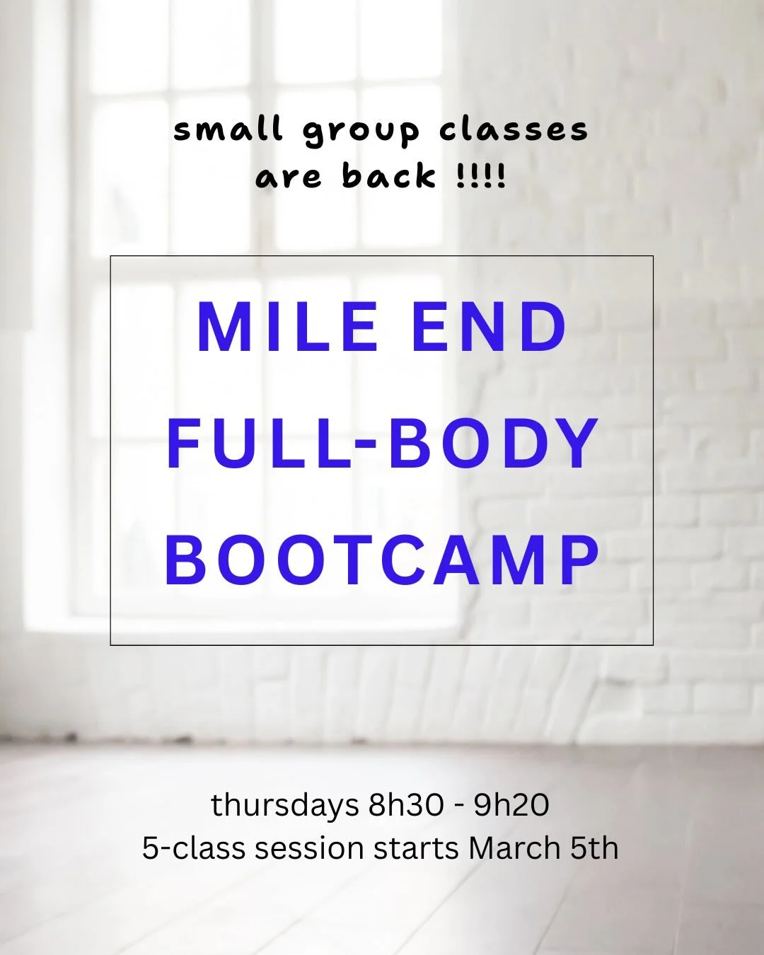 Boost your strength &amp; mobility, build lean muscle, release endorphins and clear your mind while laughing (and possibly swearing a little) together in the camaraderie of this small-group bootcamp class. 

In each class:

 &bull; a dynamic mobility