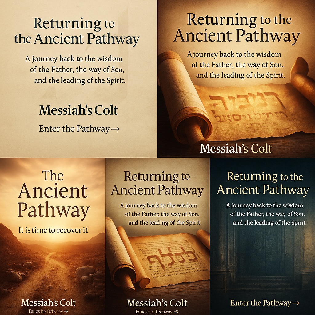 Four different versions of the same book cover titled "Returning to the Ancient Pathway" by Messiah's Colt, with variations in background images and colors, including a scroll and a desert path.
