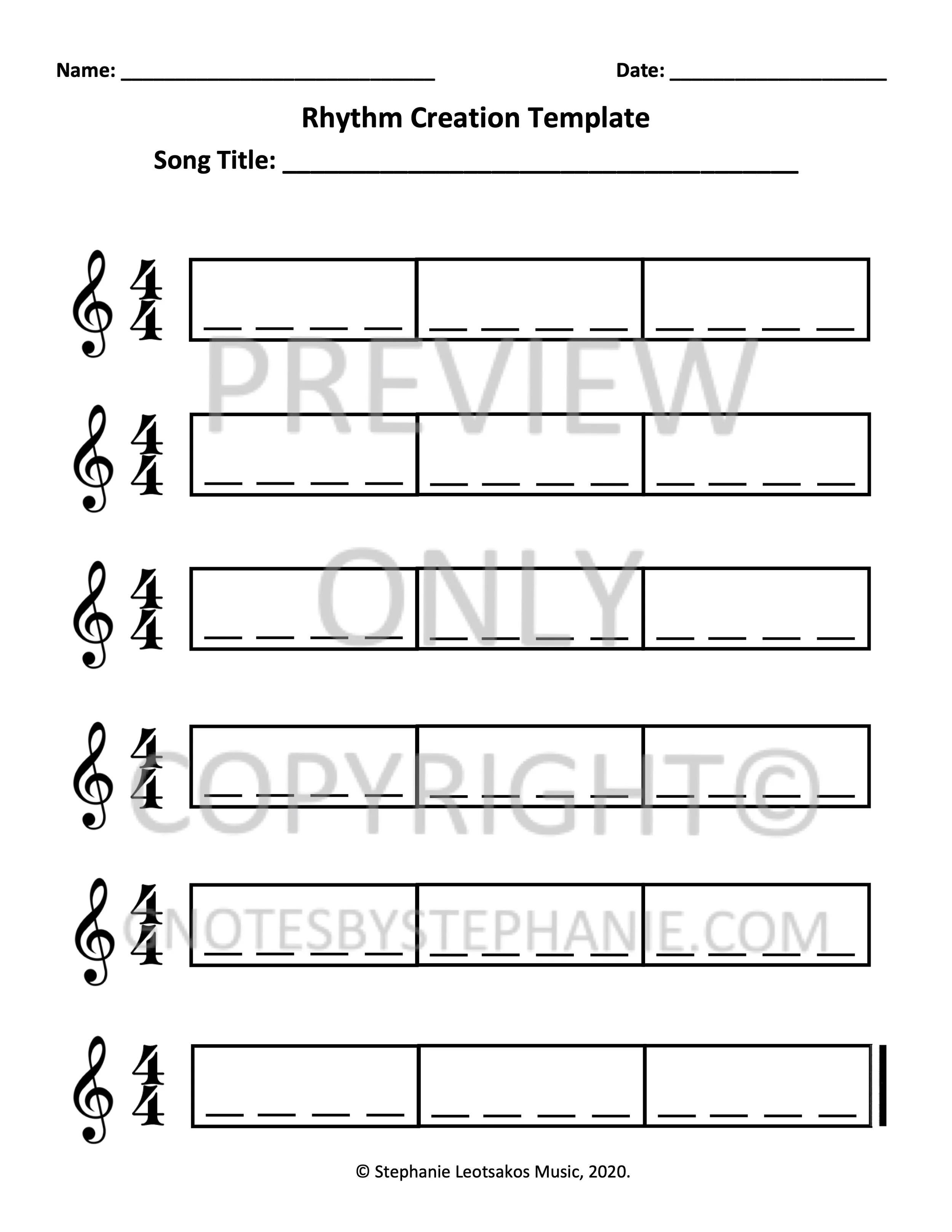 Rhythm Creation Templates in 4/4 Time (treble and bass clef - 2 sheets ...