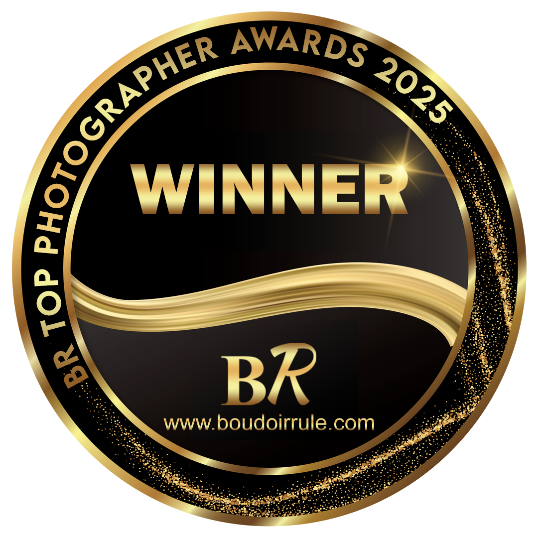 Seattle boudoir photographer award winner badge - Boudoir Rule Awards 2025 - gold and black seal with glitter and ribbon