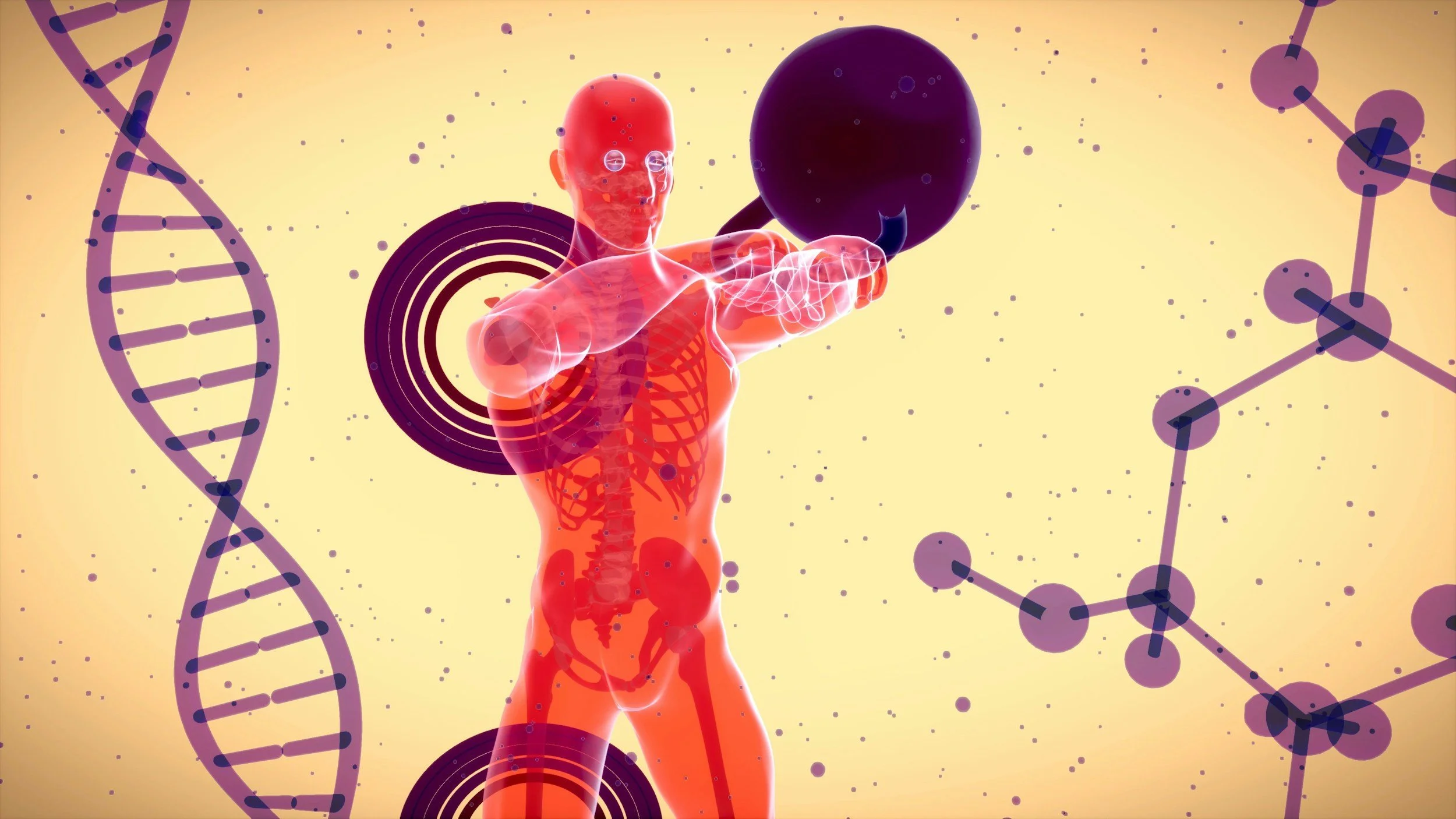 Man body with skeleton, DNA helix representing regenerative medicine