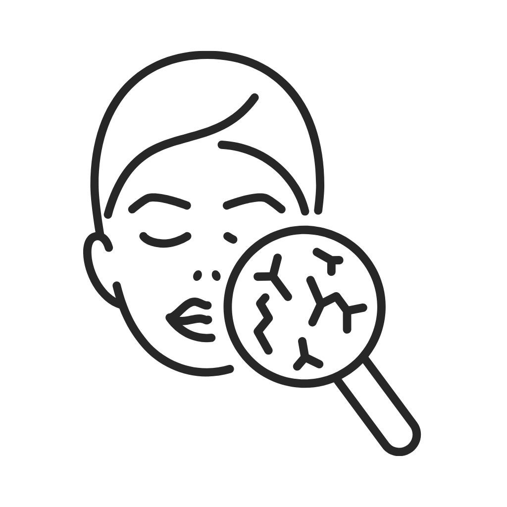 Icon of a face with a magnifying glass show skin