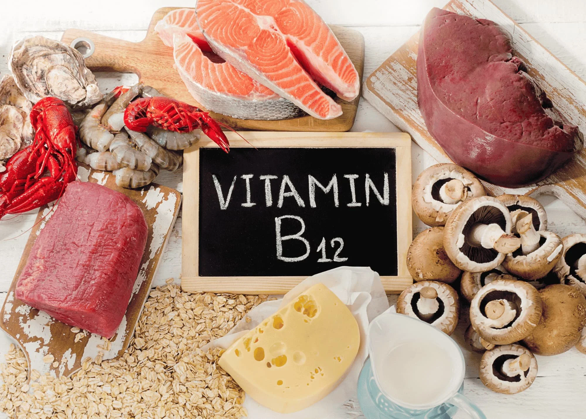 chalkboard with Vitamin B12 written on it surrounded by B12 rich foods