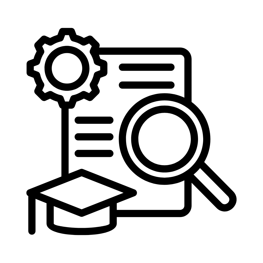 Icon of a diploma, magniying glass, and graduation cap