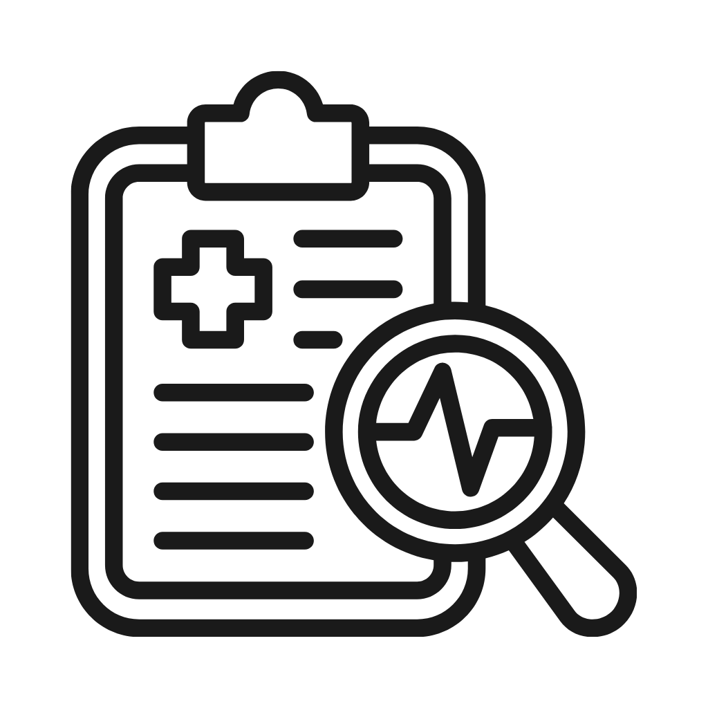 Icon clipboard with test results and a magnefying glass