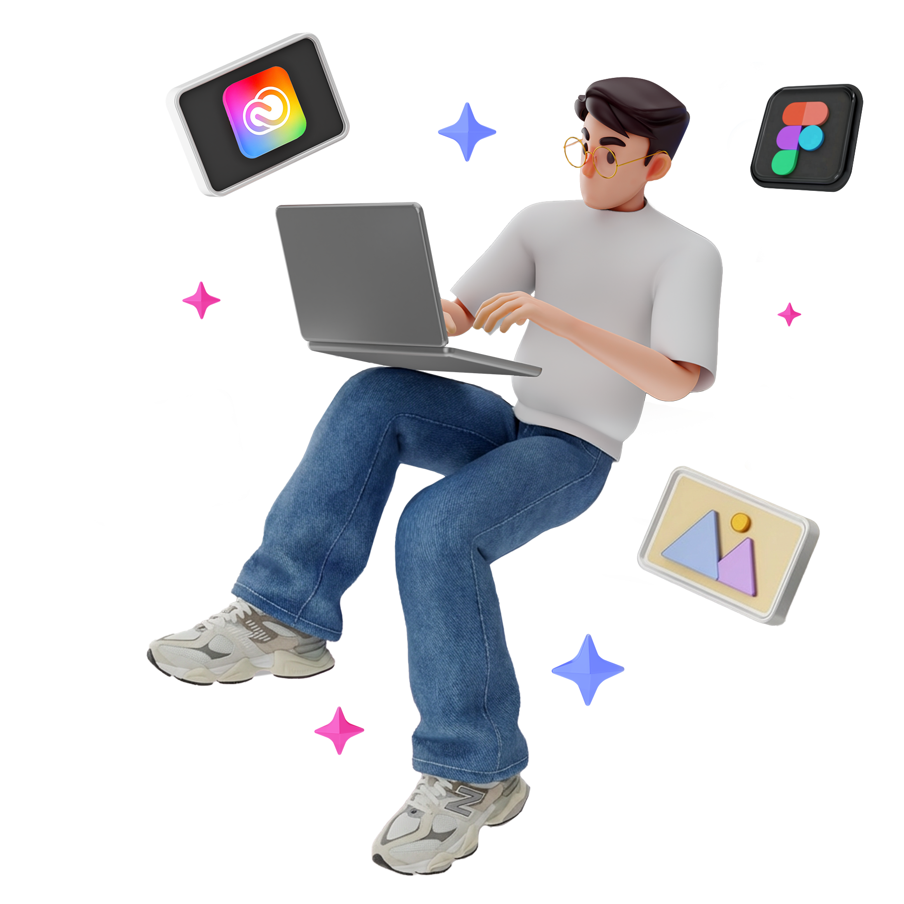 Rappresentazione 3D del graphic designer Mattia Angius che lavora con software AI e Adobe oltre che Figma.