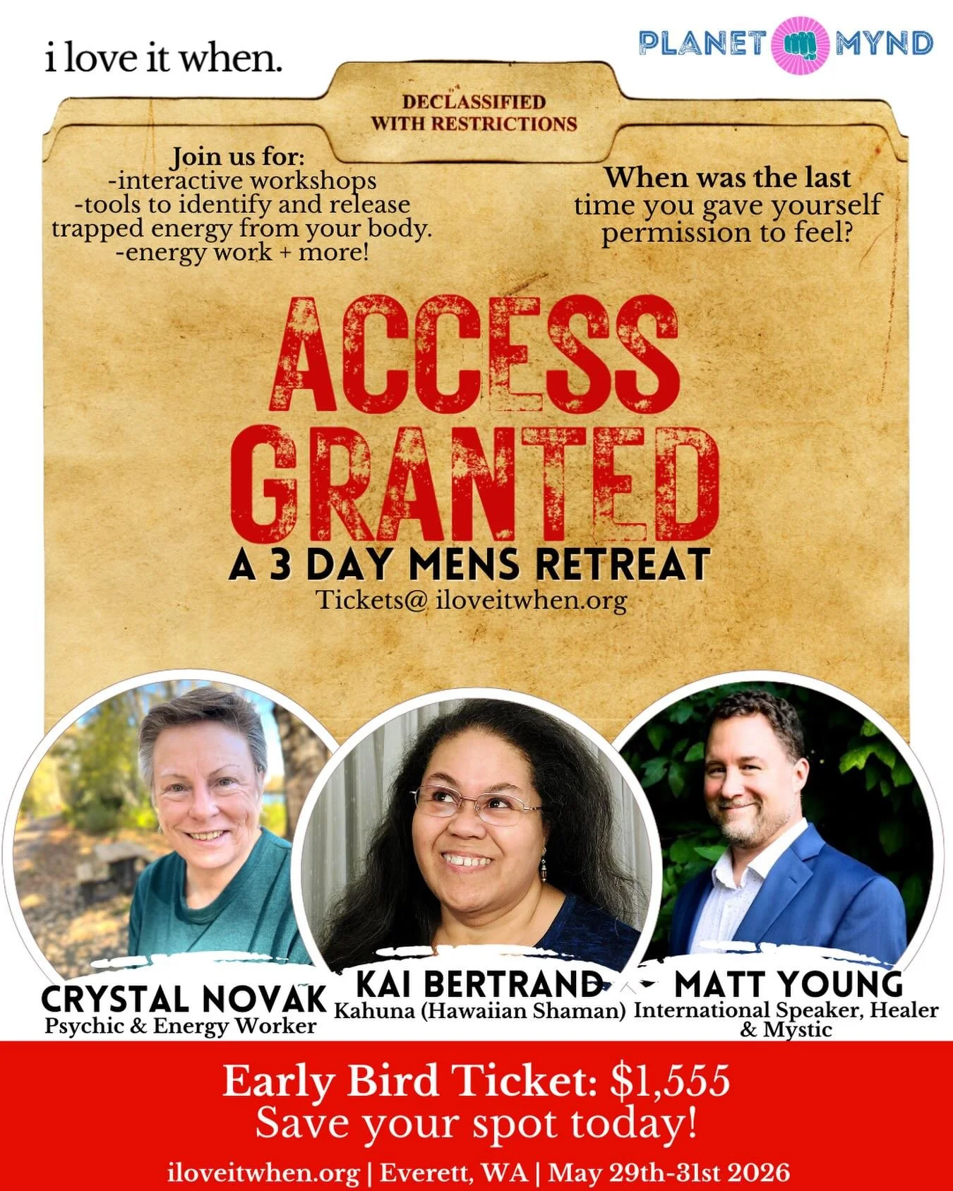 I am stoked to announce that Crystal Novak, Kai Bertrand and Matt Young are officially a part of our upcoming Mens Retreat- ACCESS GRANTED this coming May 2026! Crystal, Kai and Matt will be facilitating individual healing sessions with each attendee